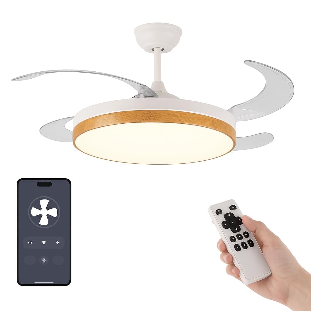 VENTILADOR TECHO LED APP MOVIL FACIL MONTAJE TECHO DC LED ATENUABLE RETRACTIL 4 ASPAS - Opción Sin Pitido, Temporizador, Invierno Verano, 3 Tonos, Modo Brisa, Bajo consumo (Madera, 107D)