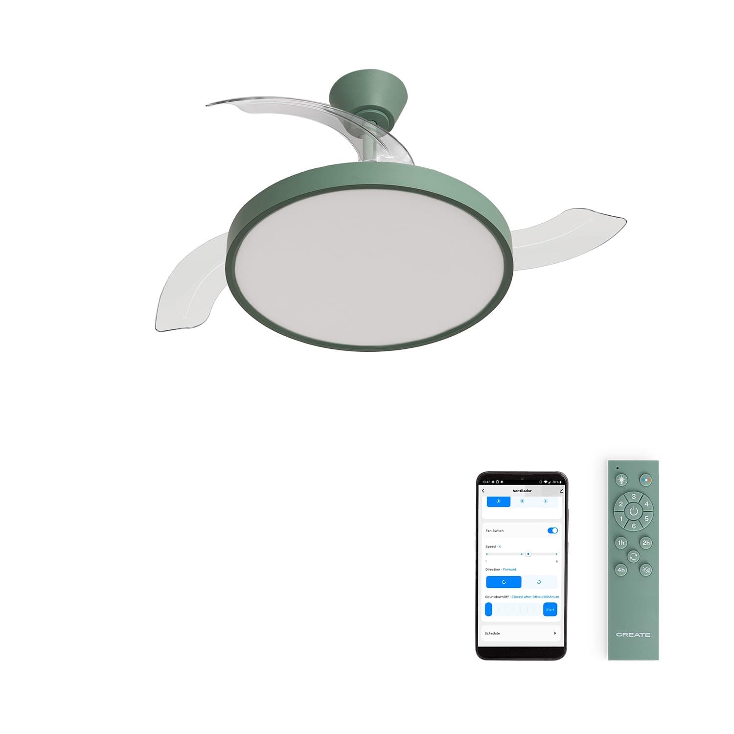 CREATE / WIND CLEAR STUDIO M/Ventilateur de plafond avec lumière vert sauge avec Wifi et télécommande / 40W, Ø108 cm, 6 vitesses, pales rétractables, 3 températures de lumière, fonction été-hiver