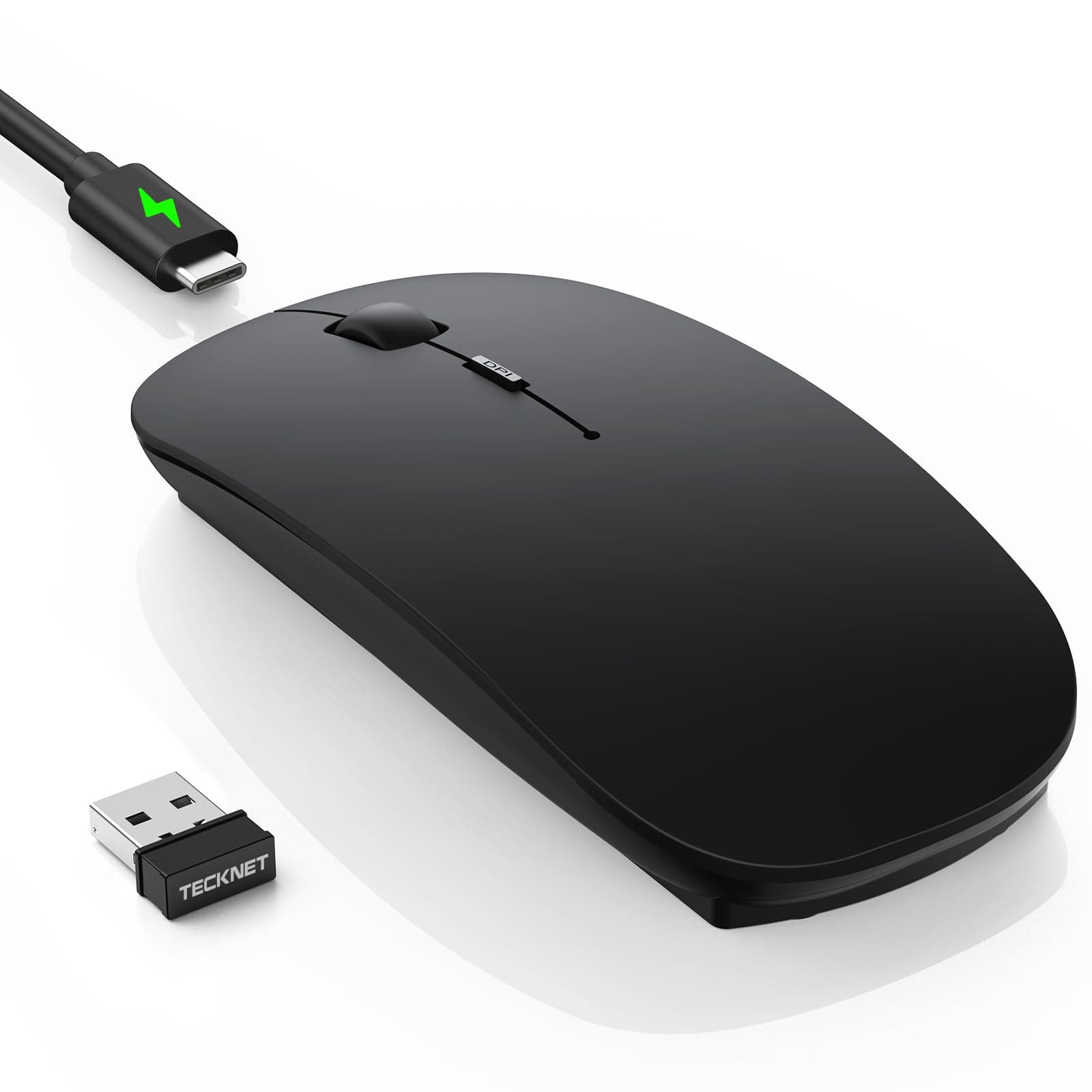 TECKNET Souris sans Fil Bluetooth, Rechargeable Mouse avec DPI Réglable 4800/3200/2400/1600/1200/800, Mini Souris RF 2.4G USB, Souris Wireless 4 Boutons, Bluetooth 5.0 Compatible avec Laptop, Noir