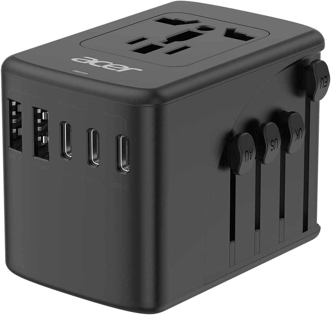 Acer Universal Reiseadapter-Internationaler Netzadapter mit 5 USB-Anschlüssen (3 USB C) 5.8A,weltweiter Steckdosenlader für USA,Europa,Großbritannien,Frankreich,Deutschland,Typ C/E/F/G/I/L/A,schwarz
