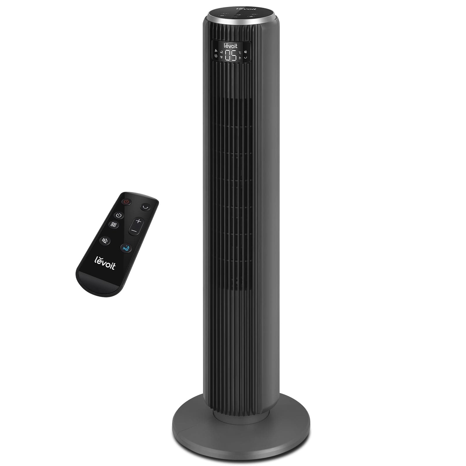 LEVOIT Ventilateur Colonne Silencieux, 5 Vitesses 4 Modes de Vent,Télécommande, Minuterie 12h, Oscillant à 90° avec 7m/s, 33W Économie, avec Mode Veille pour chambre, Noir Gris