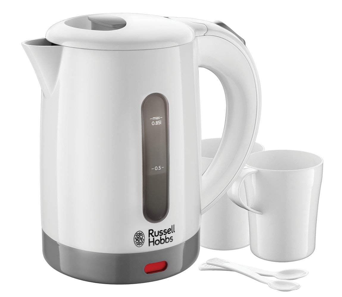 Russell Hobbs Bouilloire Electrique [Petite & Légère] Travel (Idéale Pour Voyage, 850 Ml, 1000W, 2 Tasses + Cuilères Incluses, Voltage Universel,Niveau D'eau Visible, Filtre Anticalcaire) 23840-70