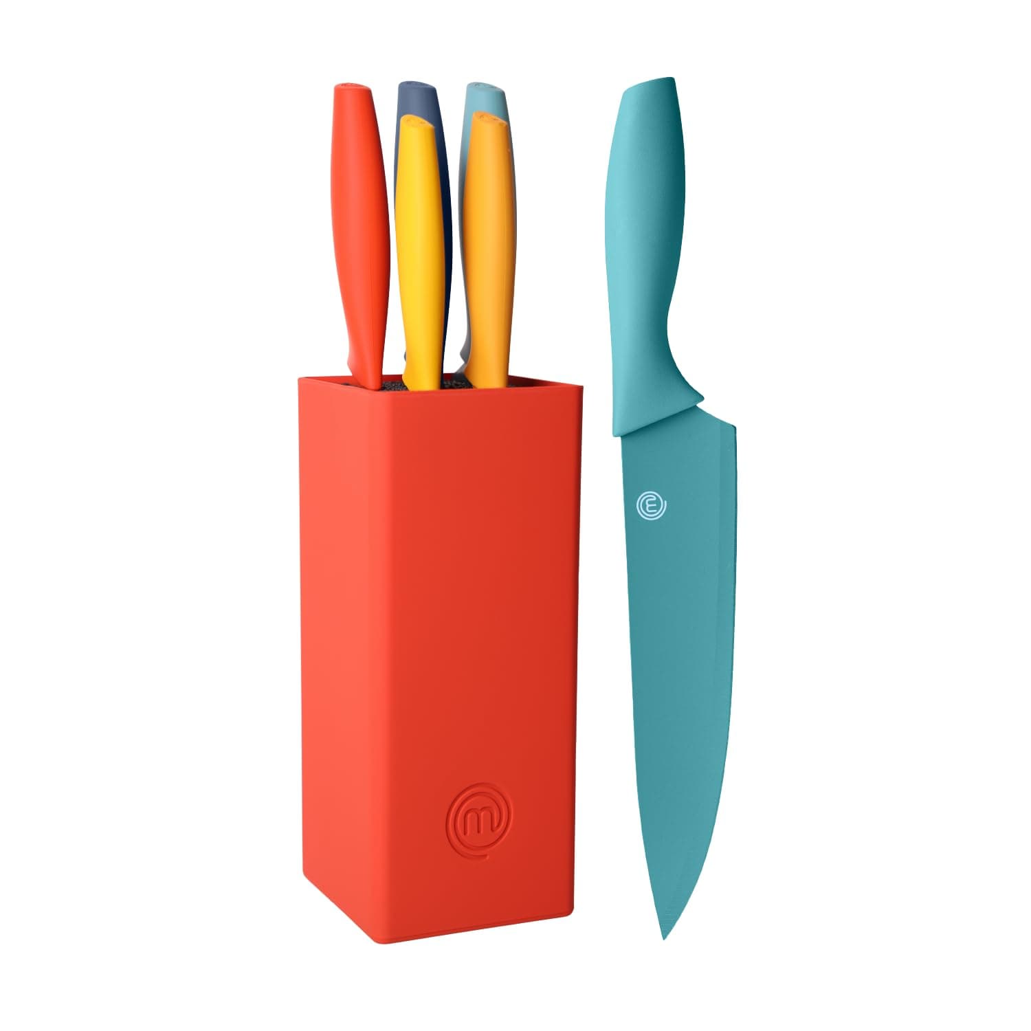 MasterChef Set Coltelli da Cucina con Ceppo Universale, Portacoltelli con Lama Affilato per Pane, Carne, Verdure e altro, Acciaio Inox, Prova di Calore, Manici Multicolori, 5 Pezzi