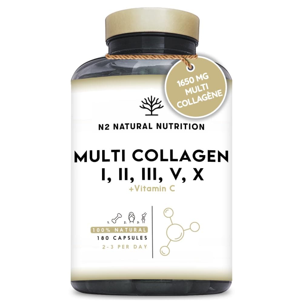 Multi Collagène Marin et Bovin 1650mg. 180 Gélules. Peptide de Collagene Hydrolysé Type 1, 2, 3, 5, 10. Complexe Collagene pour la Peau, Articulations et Cheveux + Vitamine C. N2 Natural Nutrition