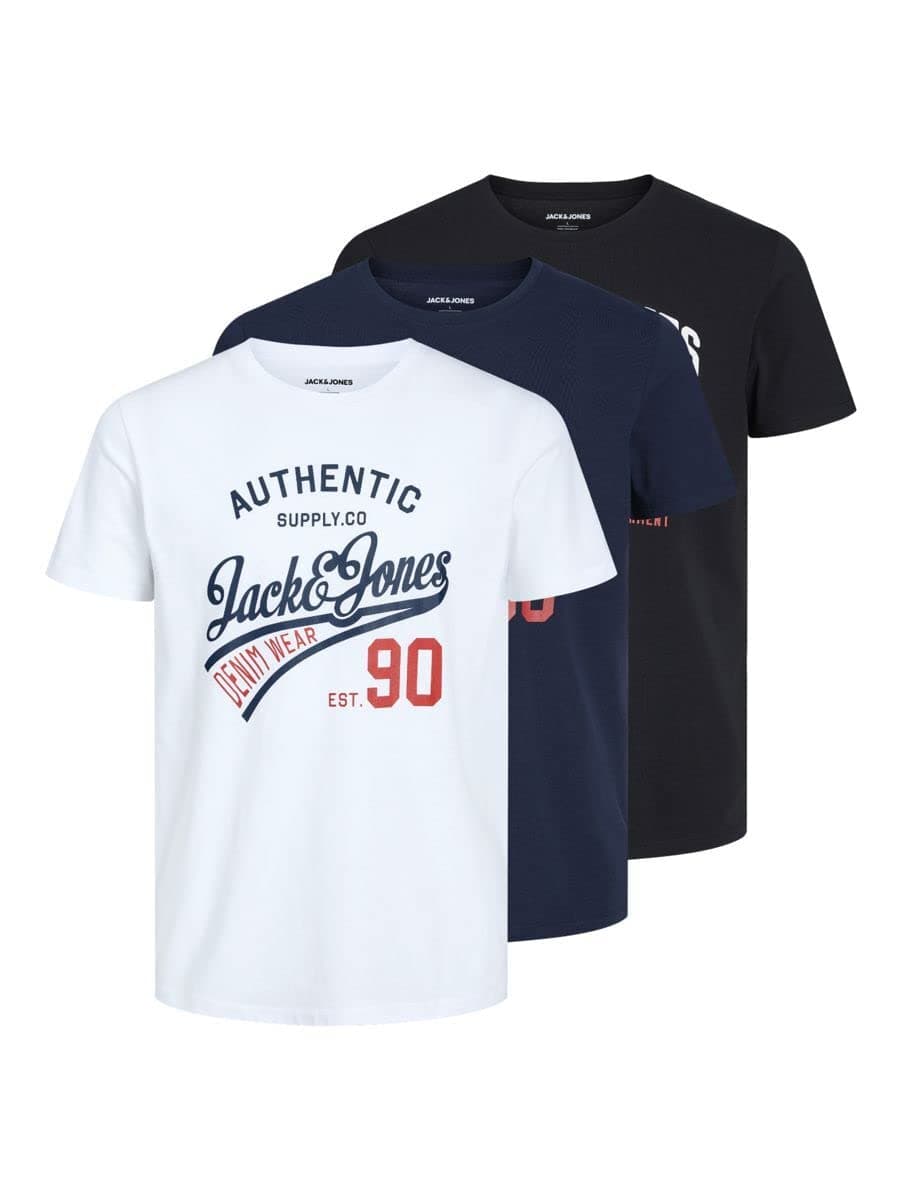 JACK & JONES Herren T-Shirt 3er Pack – Baumwolle, Rundhals, Kurzarm, mit Print – Bequeme Freizeitshirts im modernen Design