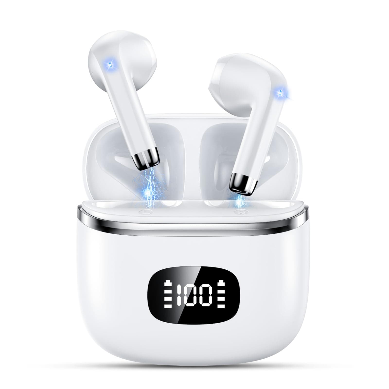 POMUIC Auriculares Inalámbricos Bluetooth 5.3 Con 4 HD Mic HiFi Estéreo, Potentes Altavoces de 13.4 mm, LED Pantalla, IPX7 Impermeable, Blanco