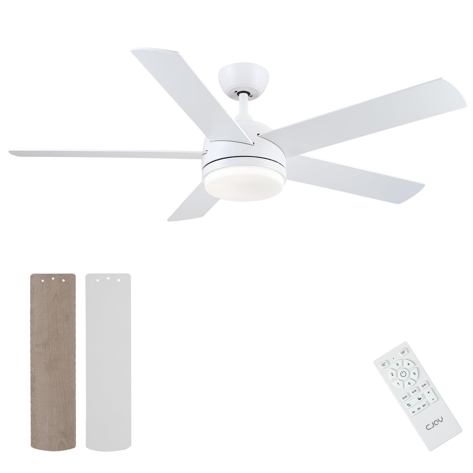 CJOY Ventilateur Plafond, 132cm Blanc/Bois Ventilateur Plafond Silencieux avec Lumiere et Telecommande, 6 Vitesses, 3CCT Dimmable, Minuterie, Réversible 5 Pales, Mode Veille, Pour Chambre/Salon/Maison