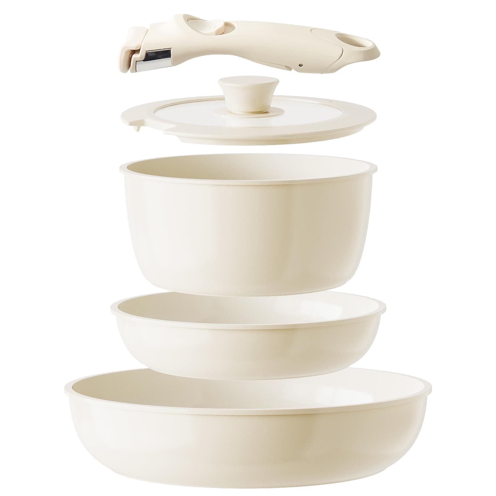 Redchef Set di pentole in ceramica 5 pezzi con manico rimovibile, Antiaderente,per campeggio, senza PFAS e PFOA, salvaspazio, lavabile in lavastoviglie,bianco