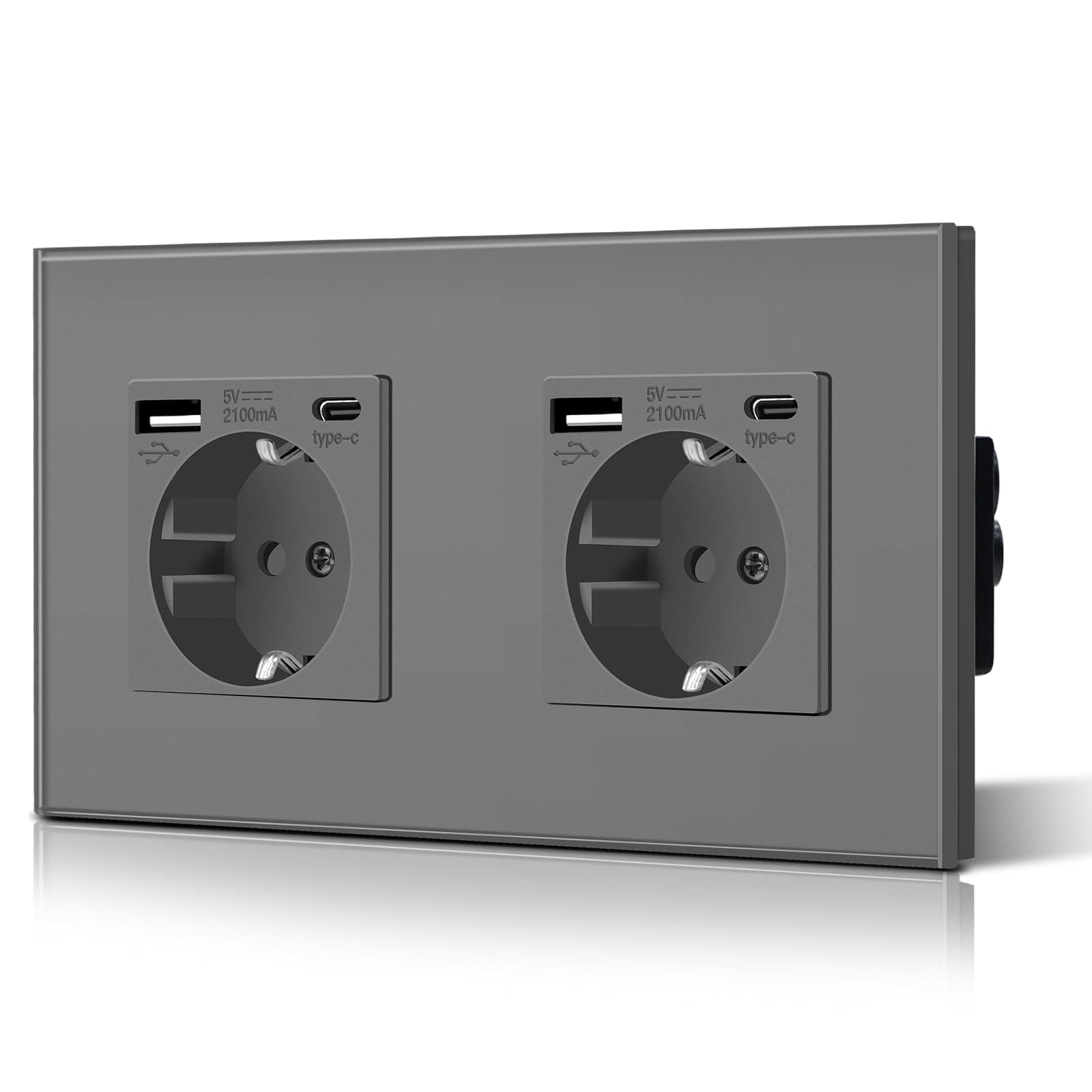 BSEED Enchufe de Pared con USB C,Enchufes Dobles Empotrados con Cristal,Toma de Corriente,Seguridad infantil,Fácil de Instalar,M Serie,2 Enchufes con USB y Tipo C,157mm Gris