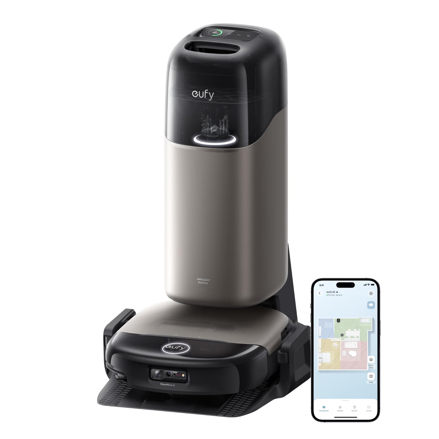 eufy Robot aspirateur Laveur S2, 30 kPa Aspiration Durable, AeroTurbo™ 2.0, HydroJet™ 2.0, Nettoyage écologique à l'eau électrolysée, Coins et rebords, brosses DuoSpiral™, Station UniClean™ 12-en-1