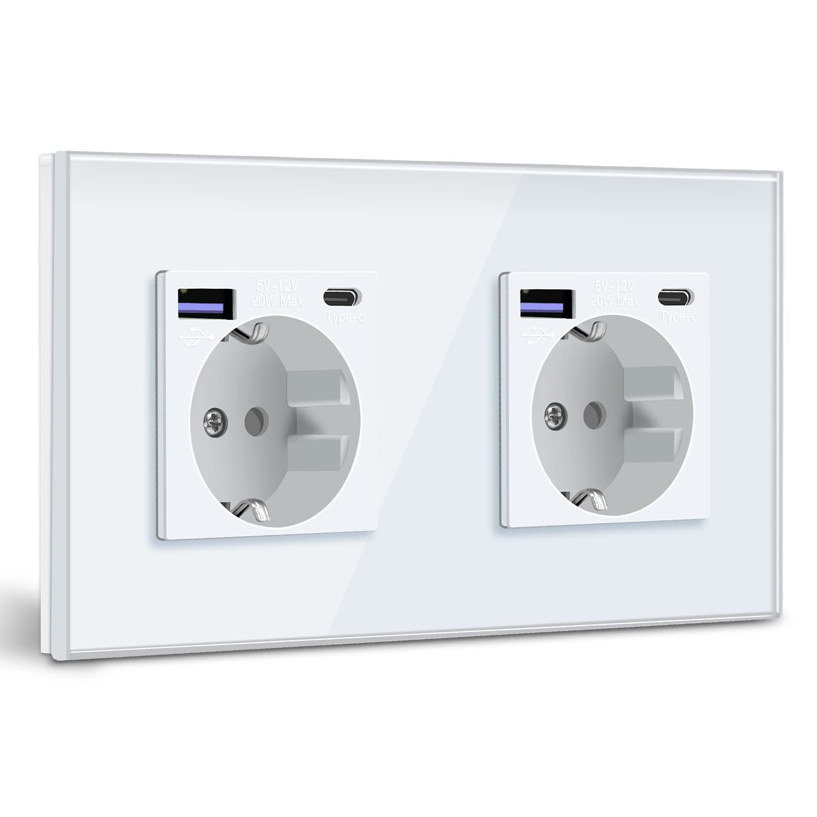BSEED Schuko Steckdose mit USB C 20W Schnellladegerät USB Type C Wandsteckdose mit Glas Panel, 2 Fach Steckdose, USB Steckdose Unterputz, Einbausteckdose Geeignet für Phone, Pad, MP3 und mehr-Weiß