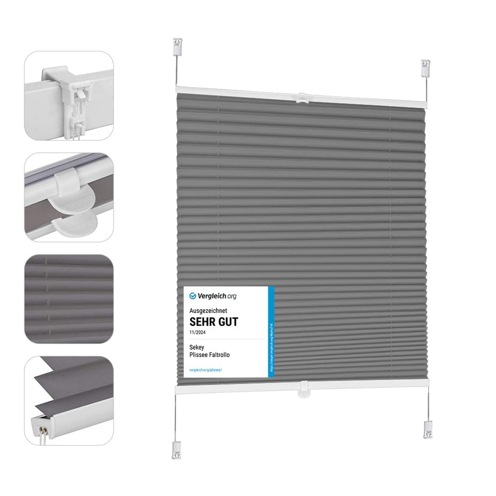 Sekey Plissee ohne Bohren Verdunkelung, Fenster Plissee Klemmfix Jalousie 55 cm breit, Verspannt Blickdicht Sonnenschutz Fensterollo, 55x100cm, Dunkelgrau