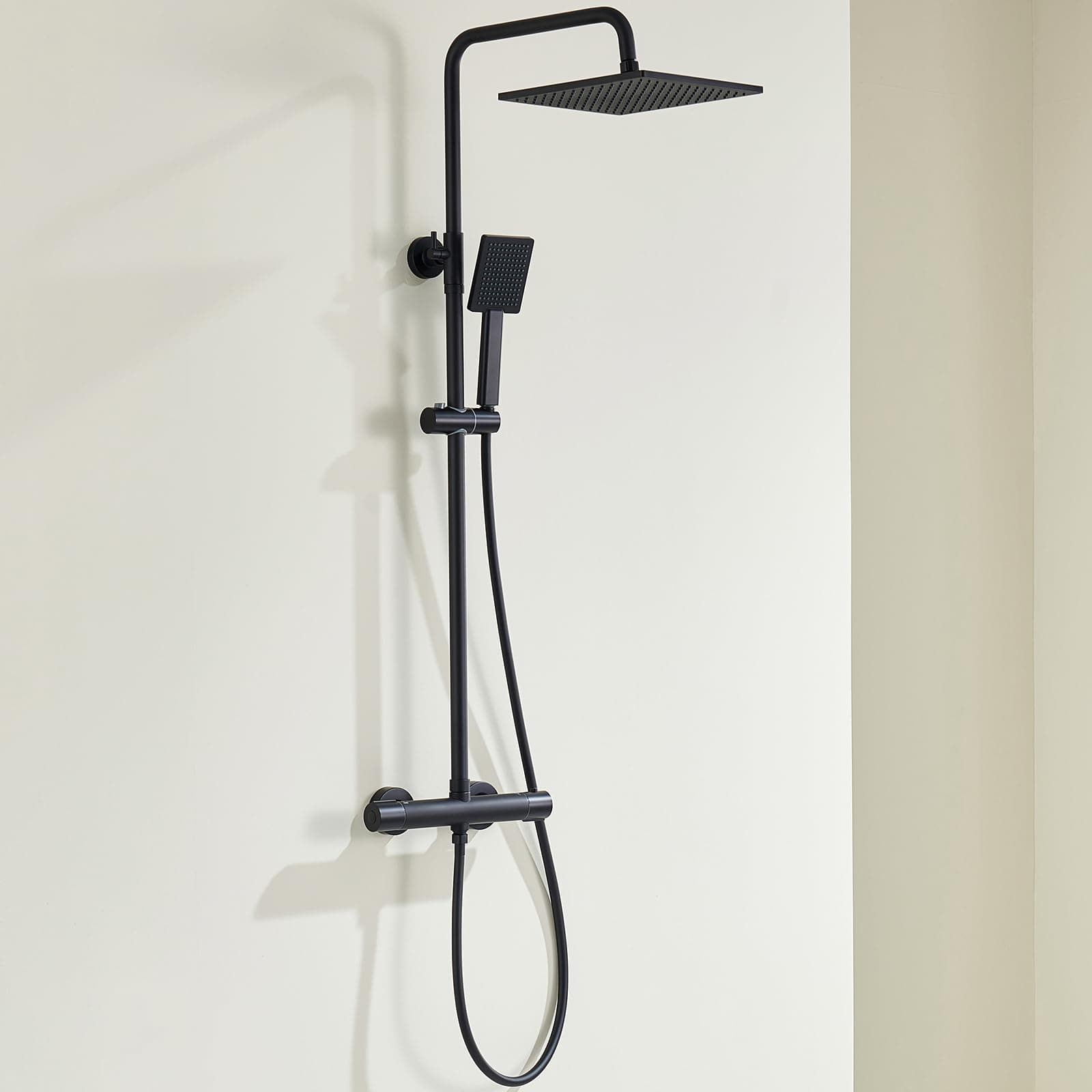 Auralum Set Columna Ducha con Mezclador Termostático Antiquemaduras, Conjunto Columna Negro con Rociador de 25x25cm, Teleducha, Barra de Ducha de Acero Inoxidable y Flexo de Ducha de PVC