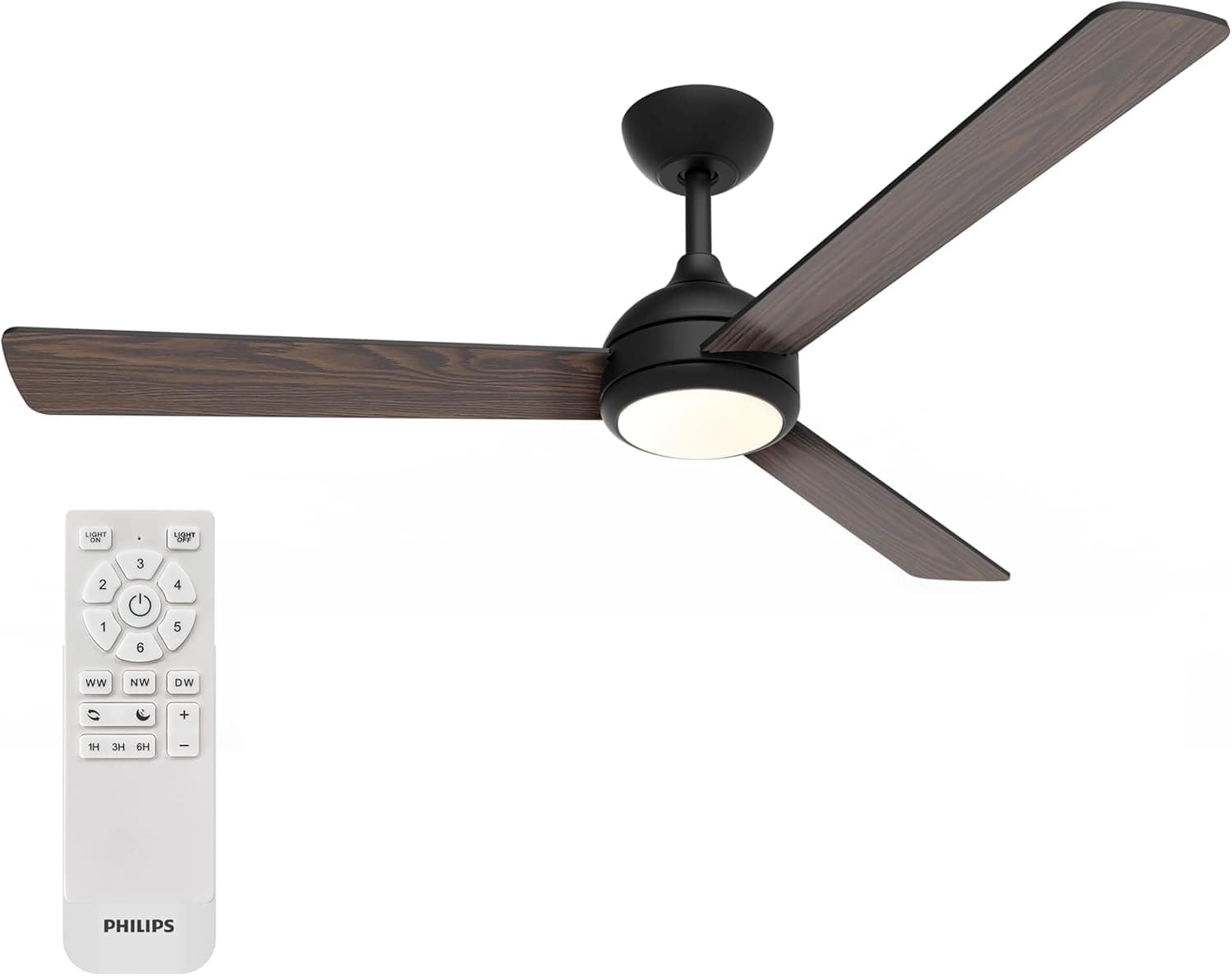 PHILIPS Civx Ventilateur de Plafond avec LED, 3 pales, 132 cm de Diamètre, 2500 Lumens, 3 Nuances de Lumière Blanche (3000 K/4500 K/6500 K), Variation à 10%, avec Télécommande, Noir/Bois Foncé