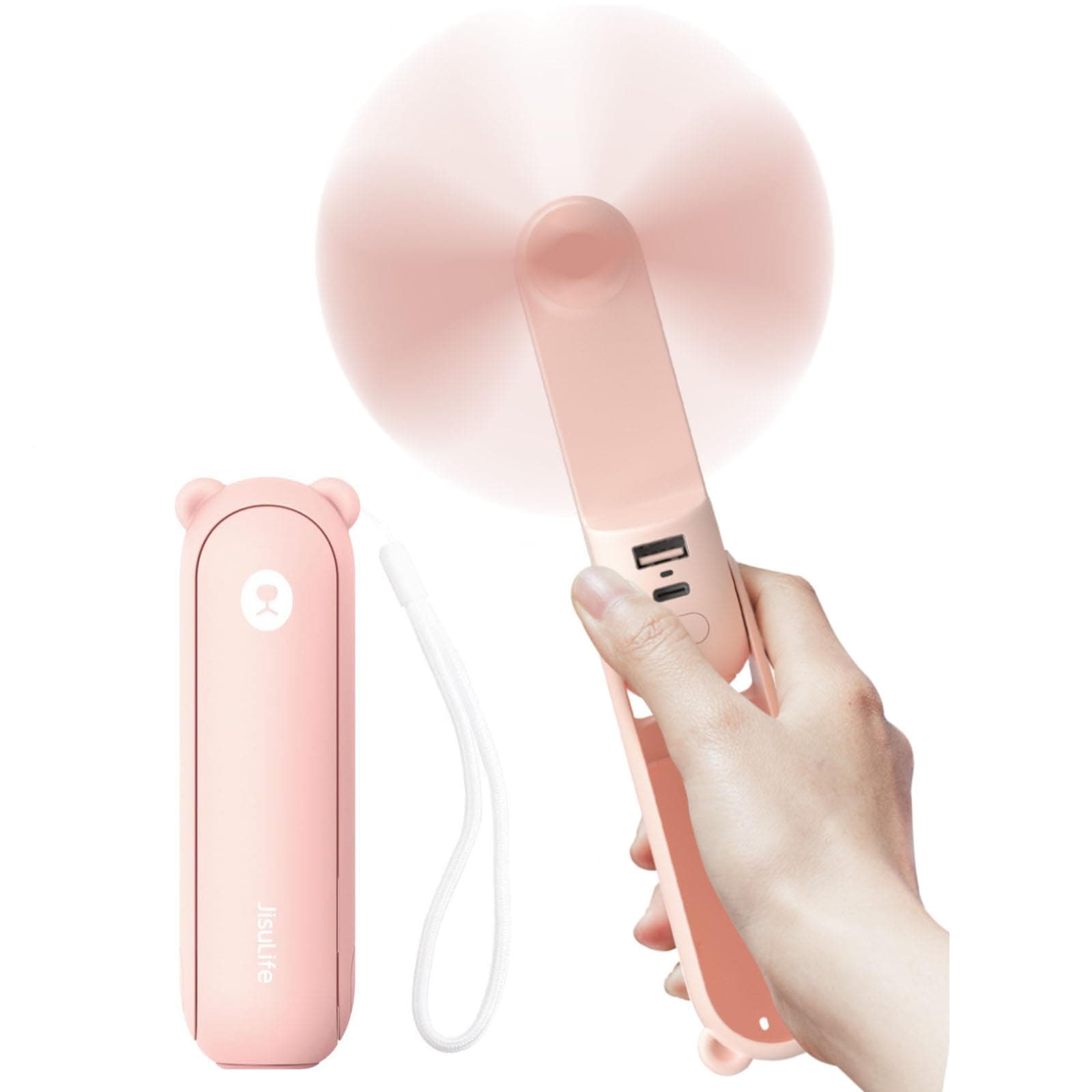 JISULIFE Ventilatore portatile con Powerbank da 4500 mAh,autonomia massima di 46 ore,ventola tascabile alimentata a batteria,ventola personale pieghevole alimentata tramite USB,3 velocità-Rosa