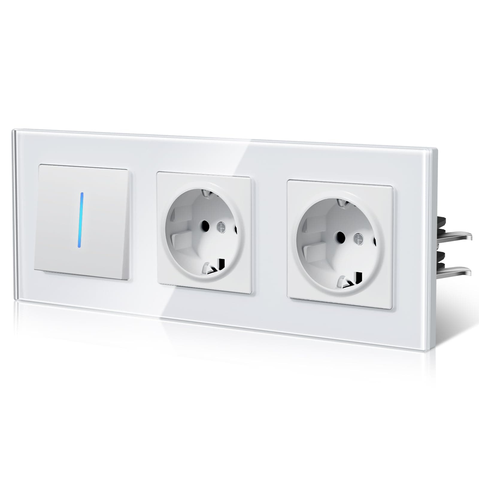 BSEED Lichtschalter mit Steckdose aus Glas, Unterputz Schalter Hintergrundlicht mit Krallen, Wechselschlter NEU E-Serie,1 Fach 1 Weg,Weiß 228mm