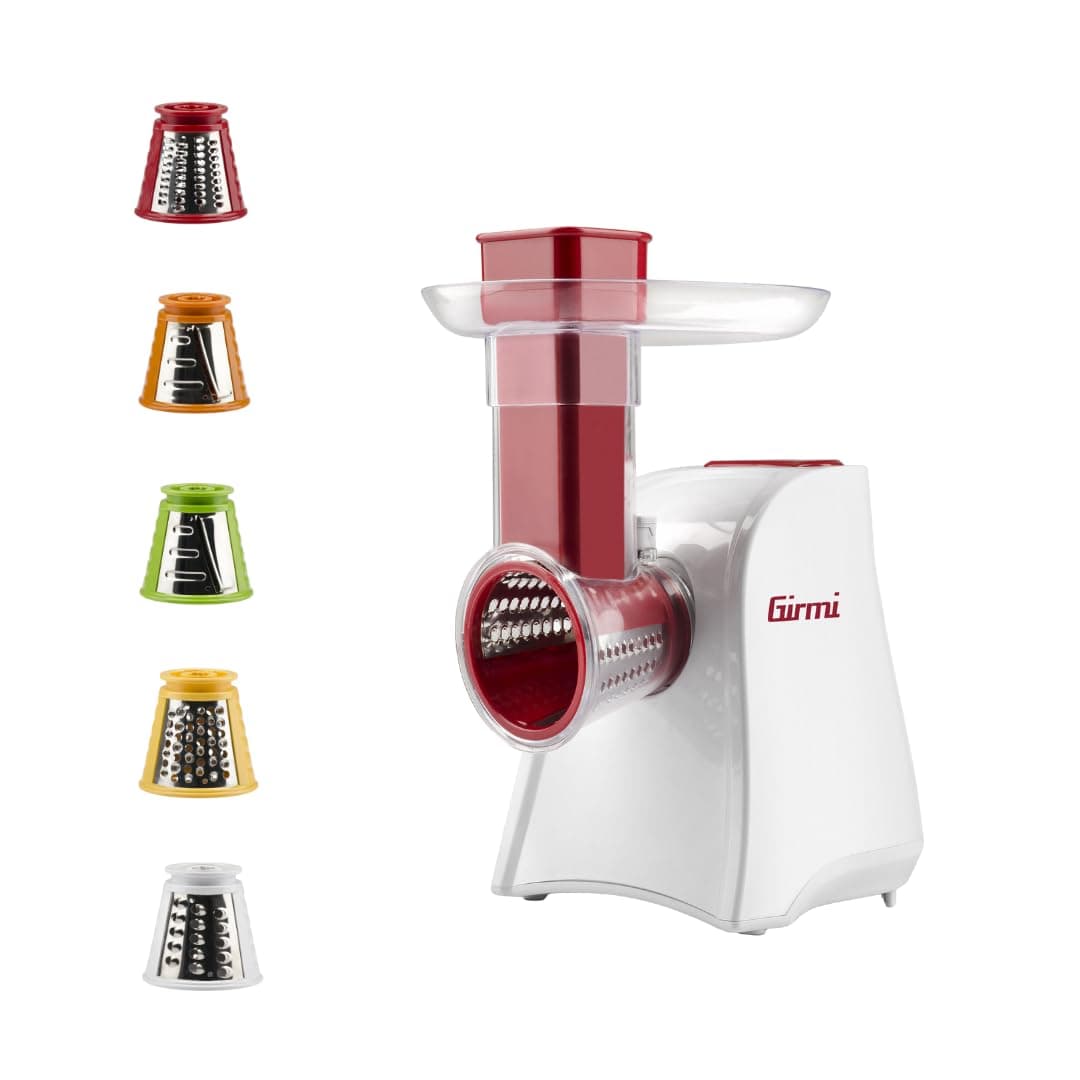Girmi GT45 Affettaverdure e Grattugia, Accessorio porta rulli, 5 Rulli Inox, 150 W, Completamente smontabile, Bianco/Rosso