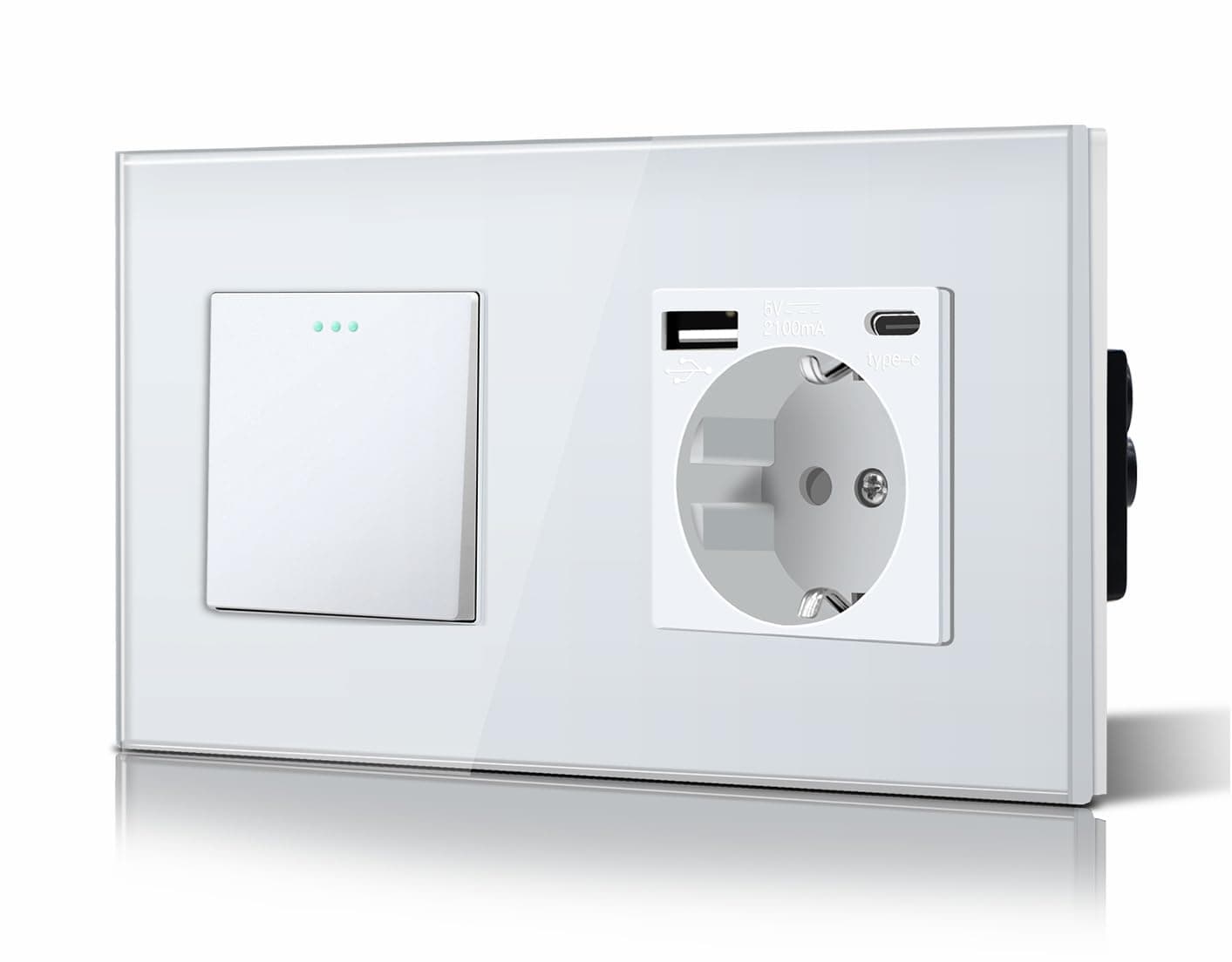 BSEED Interruptor Normal y Enchufe USB C,Basculante Con Luz de Orientación,Marco de Cristal,Fácil Instalación,Fáciles de Limpiar,1 Gang 1 Vía Con Enchufe USB/Tipo C,157mm Blanco