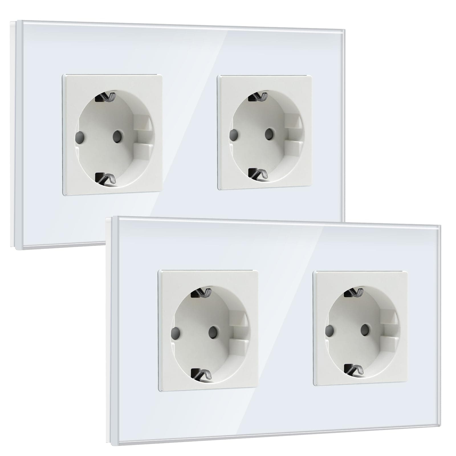 BSEED Double Enchufe Schuko 2 Gang 2 Pack, Enchufe de Pared 16A con Placa de Cristal 157 * 86mm, Blanco
