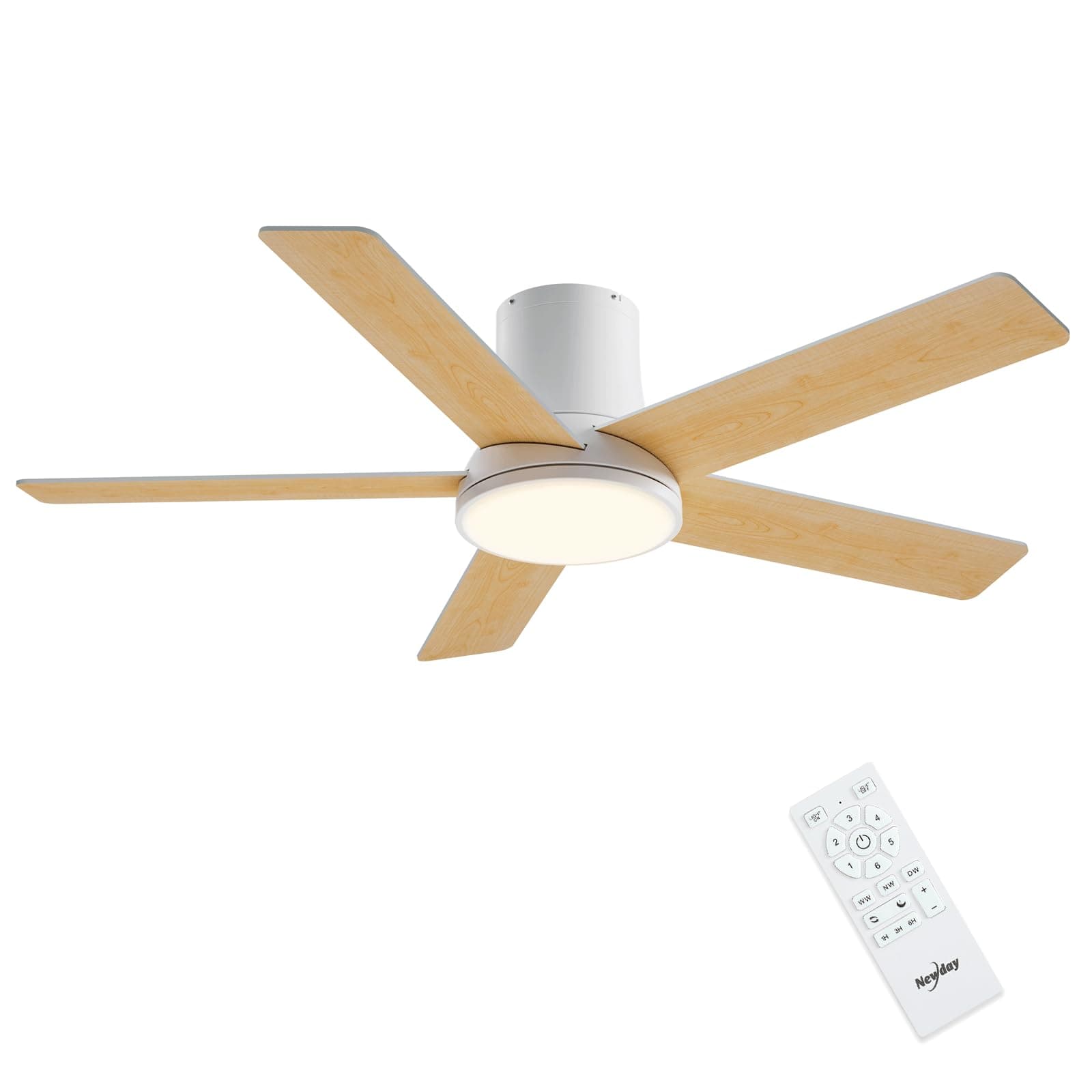 Newday 132cm Grande Ventilador de Techo Madera con Luz y Mando, 7 Modo de Velocidad, Temperatura de Color y Luminosidad sin Escalones, 3 Tiempo, Motor DC Reversible Silencioso, Montaje Nivel, 5 aspas