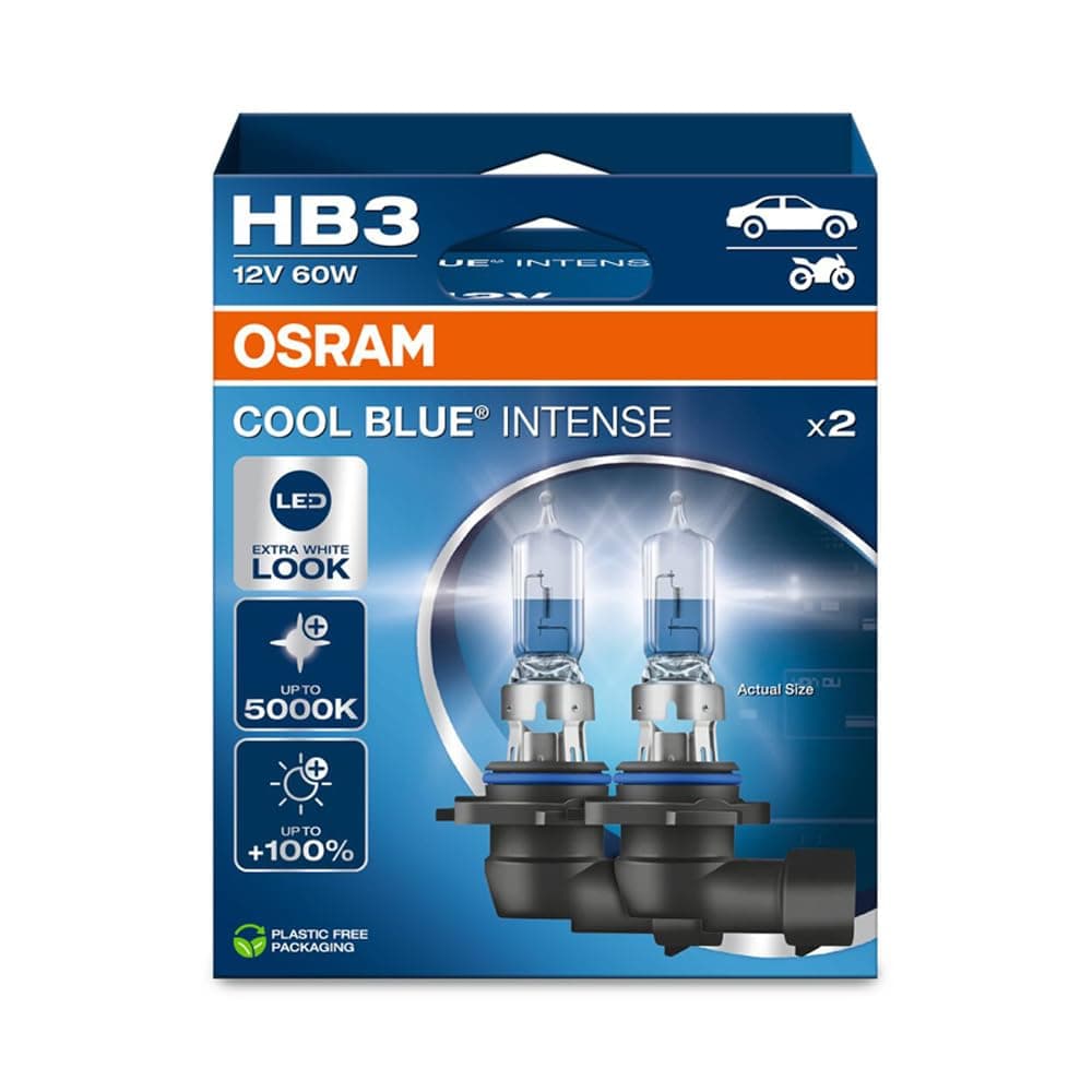 OSRAM COOL BLUE INTENSE HB3, +100% más de brillo, hasta 5.000K, lámpara de faro halógena, aspecto LED, caja plegable colgante (2 lámparas)