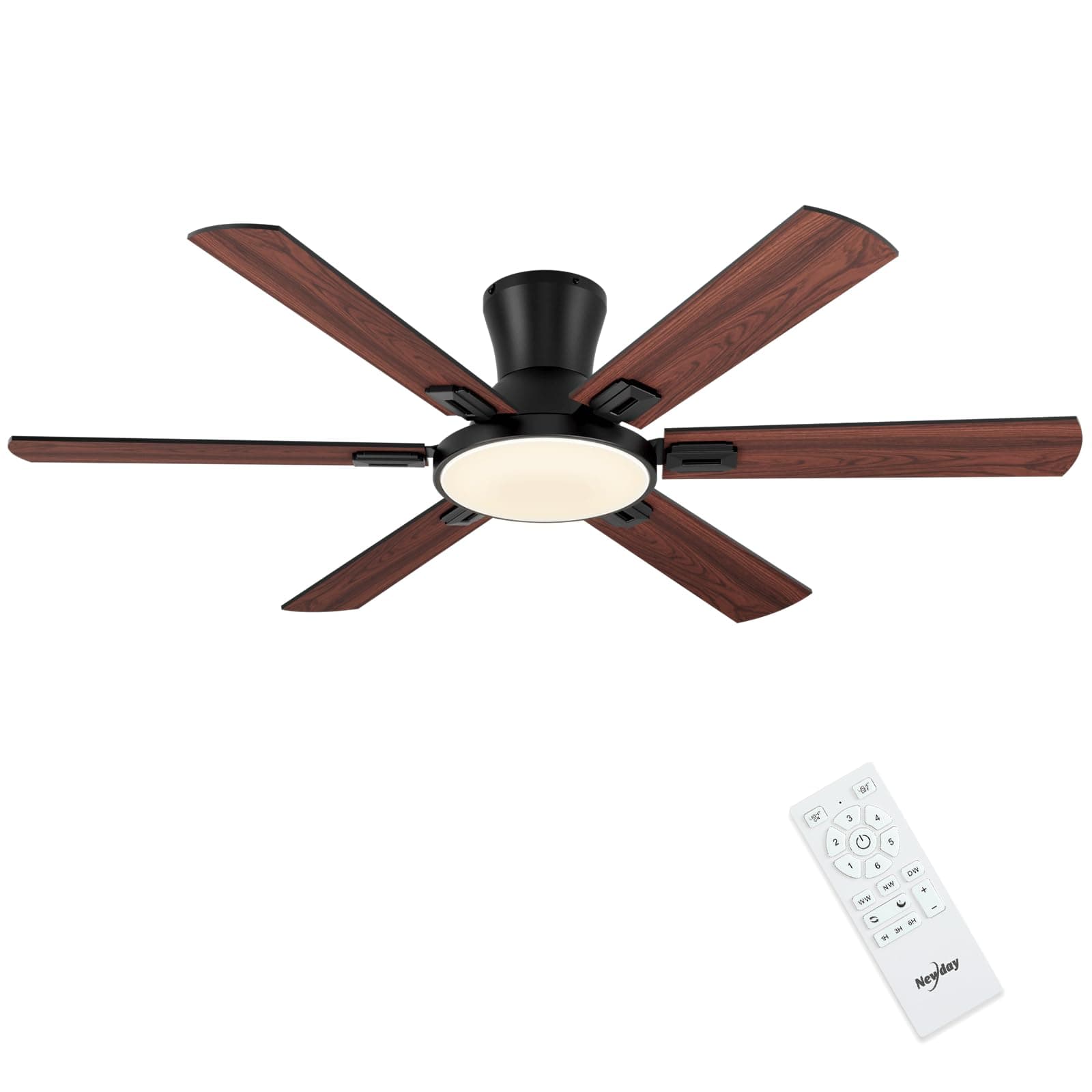 Newday Ventilador Techo Madera con 6 aspas, 132cm Grande Lampara Techo Ventilador con Luz y Mando, Dimmer sin Pasos, Modo de Sueño, Función de Memoria, Reversible Motor DC Silencioso, Montaje a Nivel