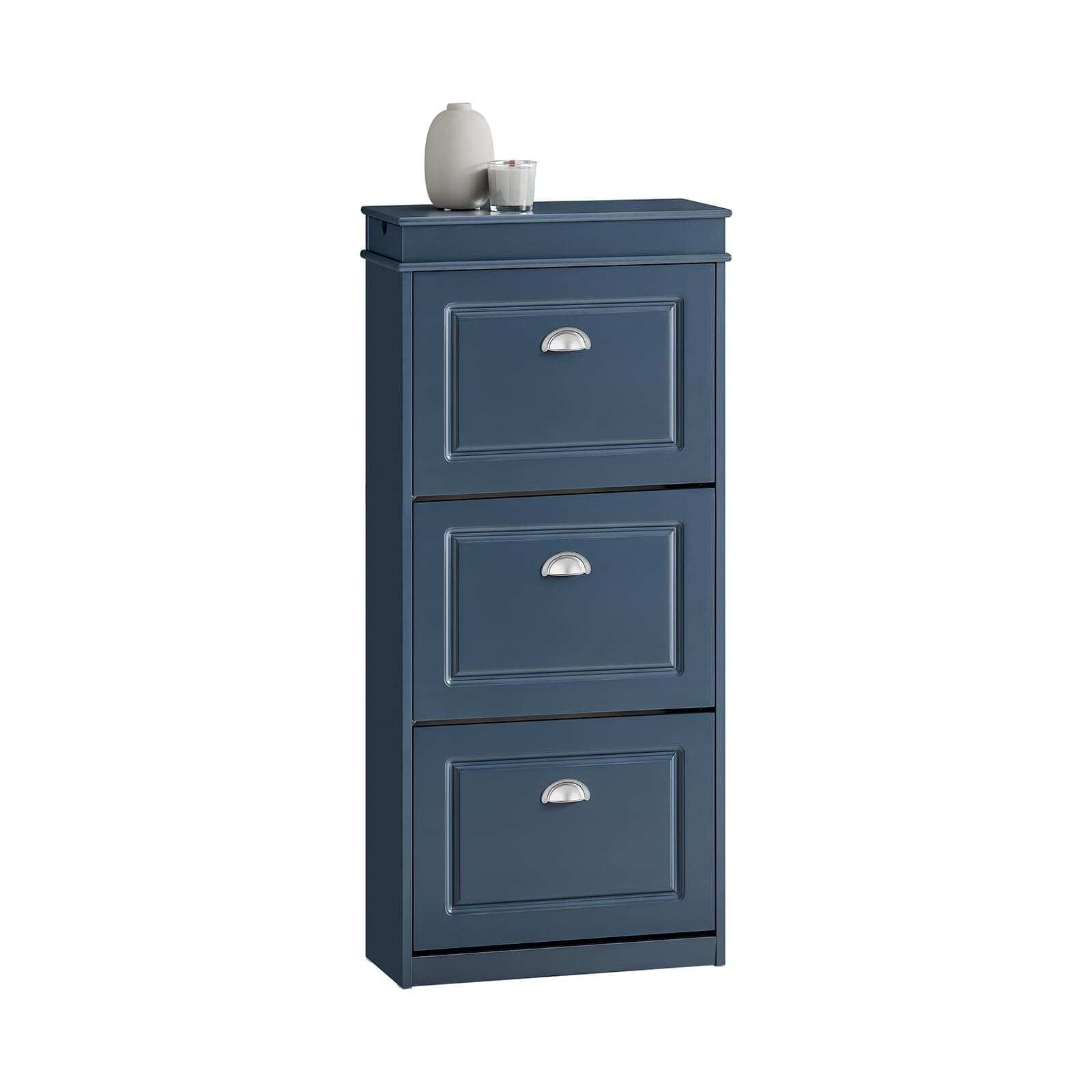 SoBuy Meuble Chaussures Bleu avec Tiroir et Crochets – Meuble à Chaussure 3 Abattants - Rangement Chaussure pour 12 Paires – Meuble Chaussures Entrée Compact 24cm Profondeur MDF 53x24x118cm – FSR94-B