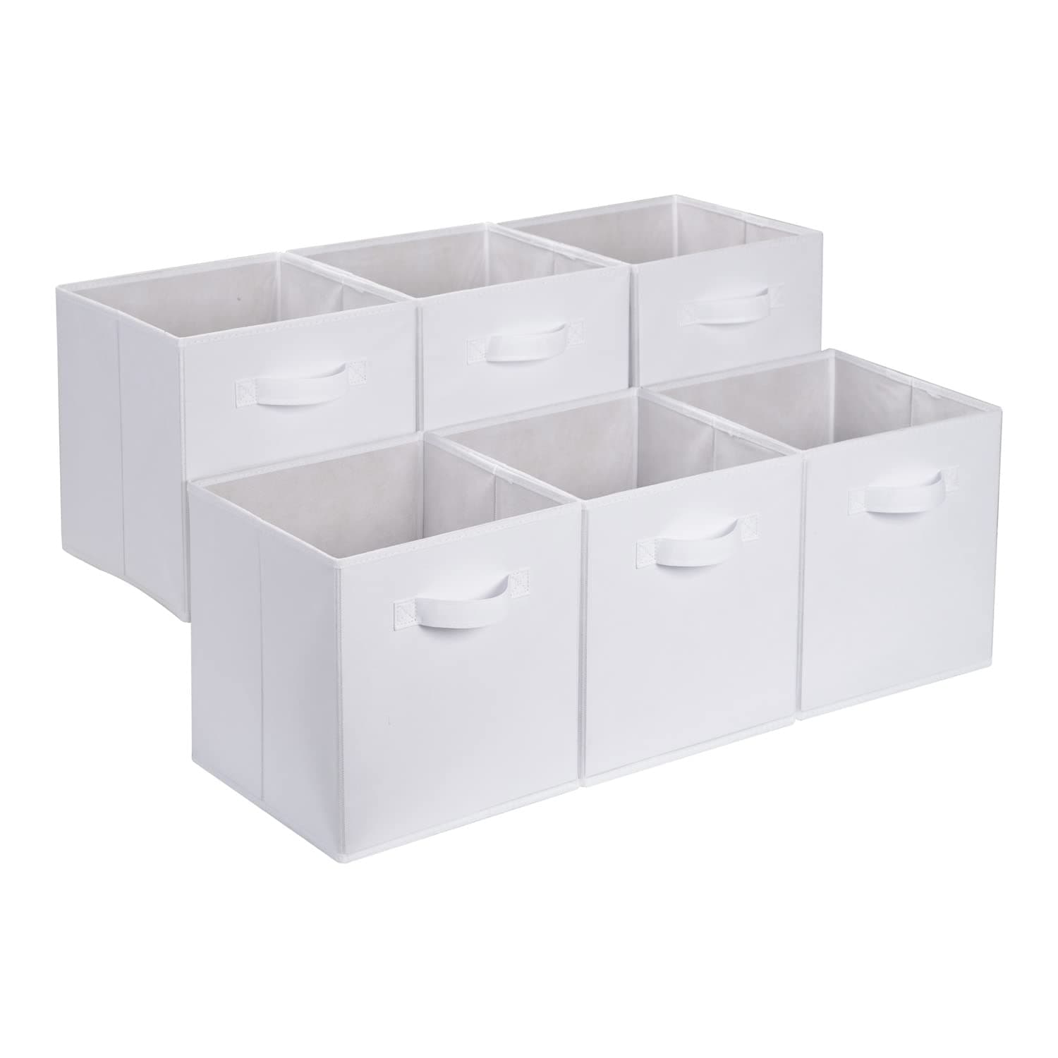 Amazon Basics zusammenklappbarer Aufbewahrungswürfel/Organizer aus Stoff mit Griffen, 26.6 x 26.6 x 27.9 cm, Weiß, 6 Stück, Einfarbig Weiß