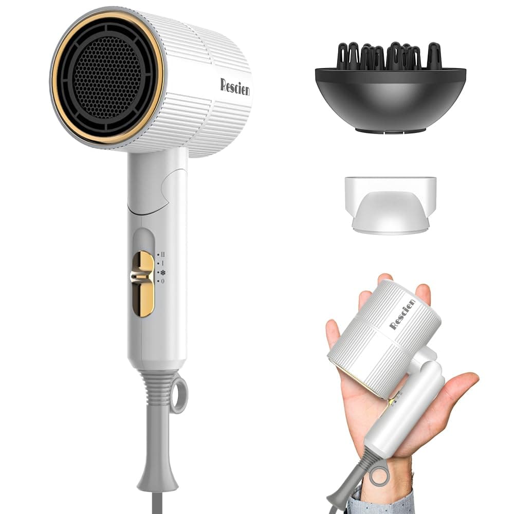 Asciugacapelli Phon ionico RESCIEN 2000W con Concentratori & Diffusore [Compatto/Ultraleggero/2026 NEW- 10x7x19cm/250g] Phon Capelli da viaggio, Mini Asciugacapelli per Asciugatura Rapida(Bianco)
