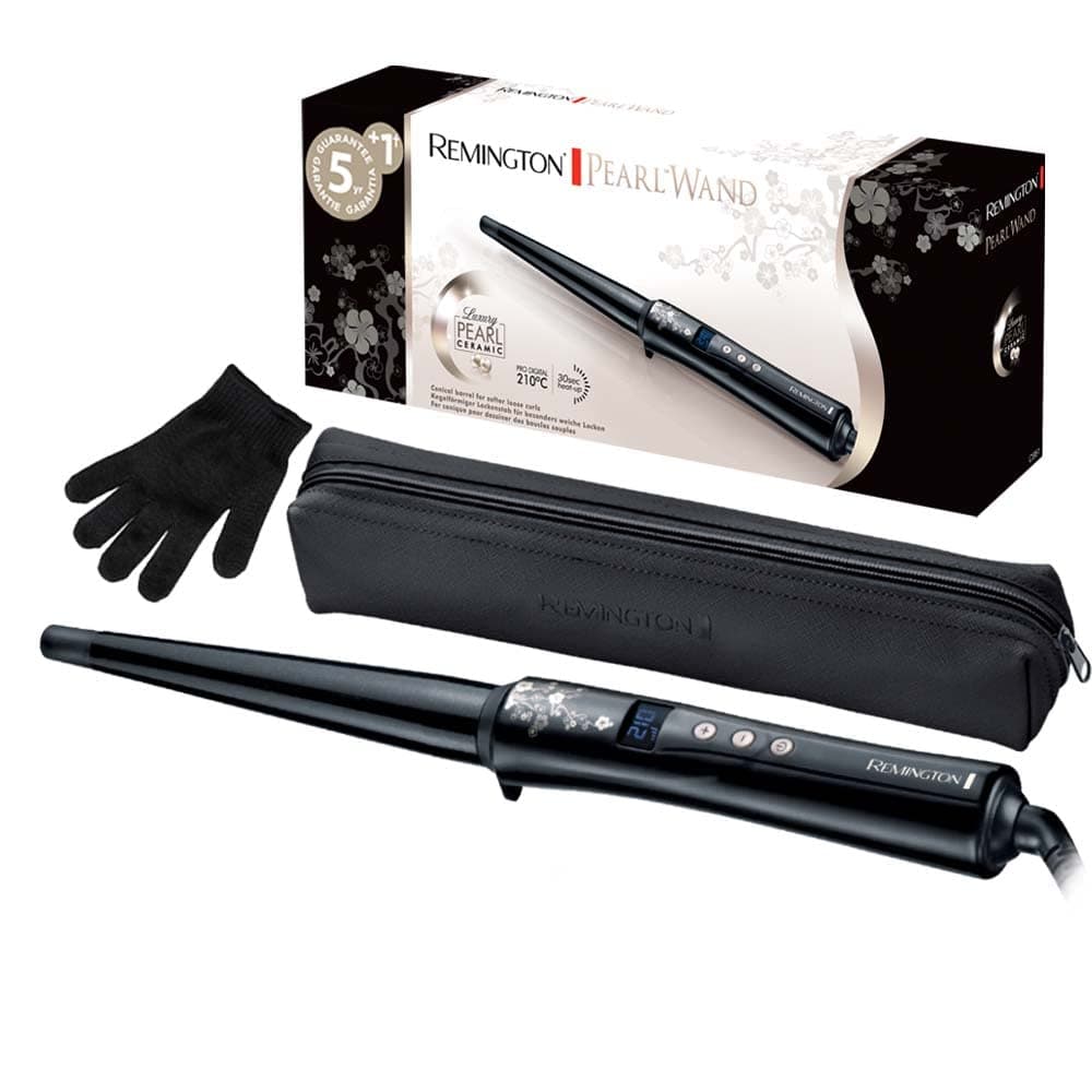 Remington Lockenstab [kegelförmig 13-25mm] Pearl Digital (hochwertige Keramikbeschichtung mit echten Perlen) LCD-Display 130-210°C, Hitzehandschuh, natürliche Locken, Spirallocken & Beach Waves, CI951