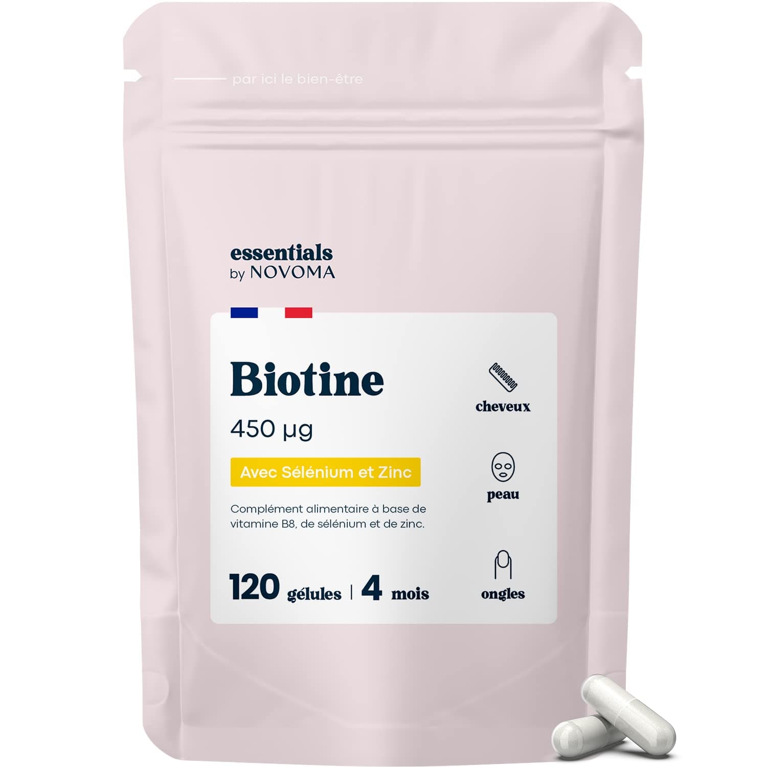 Biotine avec Sélénium et Zinc, Accélère la Pousse des Cheveux, Cure de 4 mois, 120 Gélules Végétales, Complément Alimentaire de Vitamine B8, Fabriqué en France, Essentials by Novoma