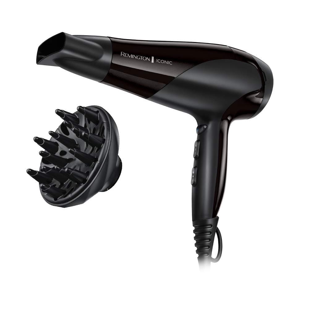 Remington Asciugacapelli 2200W - Leggero e Potente - Funzione Ionica per risultati ottimi, 3 livelli di riscaldamento, 2 livelli di ventola separati + livello di raffreddamento, Diffusore - D3198