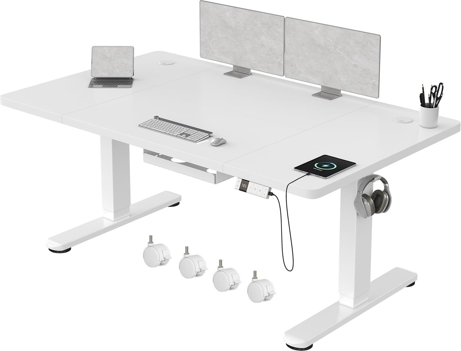 Devoko 140x80cm Escritorio Elevable Eléctrico de Carga Tipo A, Escritorio para Computadora Ajustable en Altura con Bandeja de Gestión de Cables y Memoria de 3 Funciones, Blanco