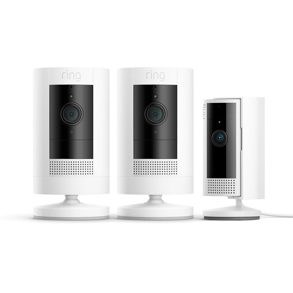 Ring Cámara exterior con batería Pack de 2 (Stick Up Cam) + Cámara interior (Indoor Camera 2.ª gen.) | Cámaras de vigilancia wifi con vídeo HD, comunicación bidireccional | 30 días gratis de Ring Home