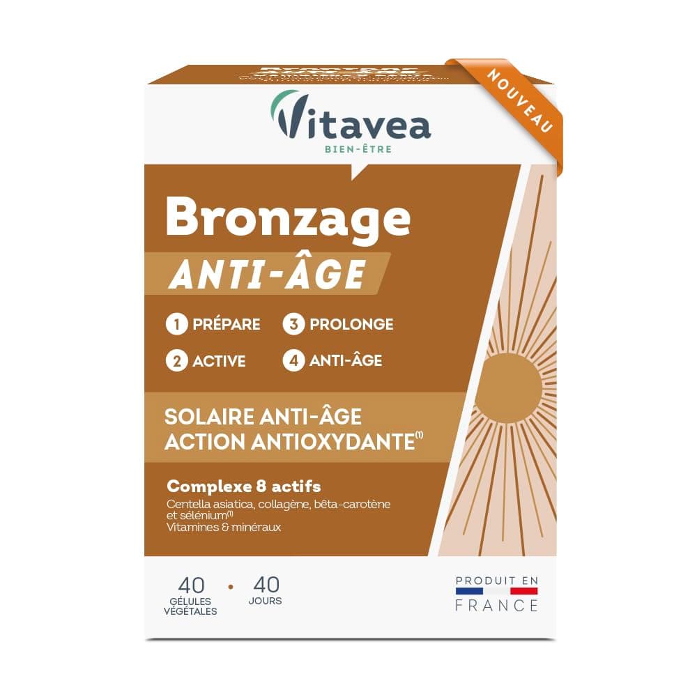 Vitavea - Bronzage Anti-Âge - Prépare, Active et Prolonge les effets du soleil - Peau Sublimée - Complément Alimentaire avec Centella Asiatica, Zinc, Vitamine B5, Bêta-Carotène - 40 Gélules - 40 Jours