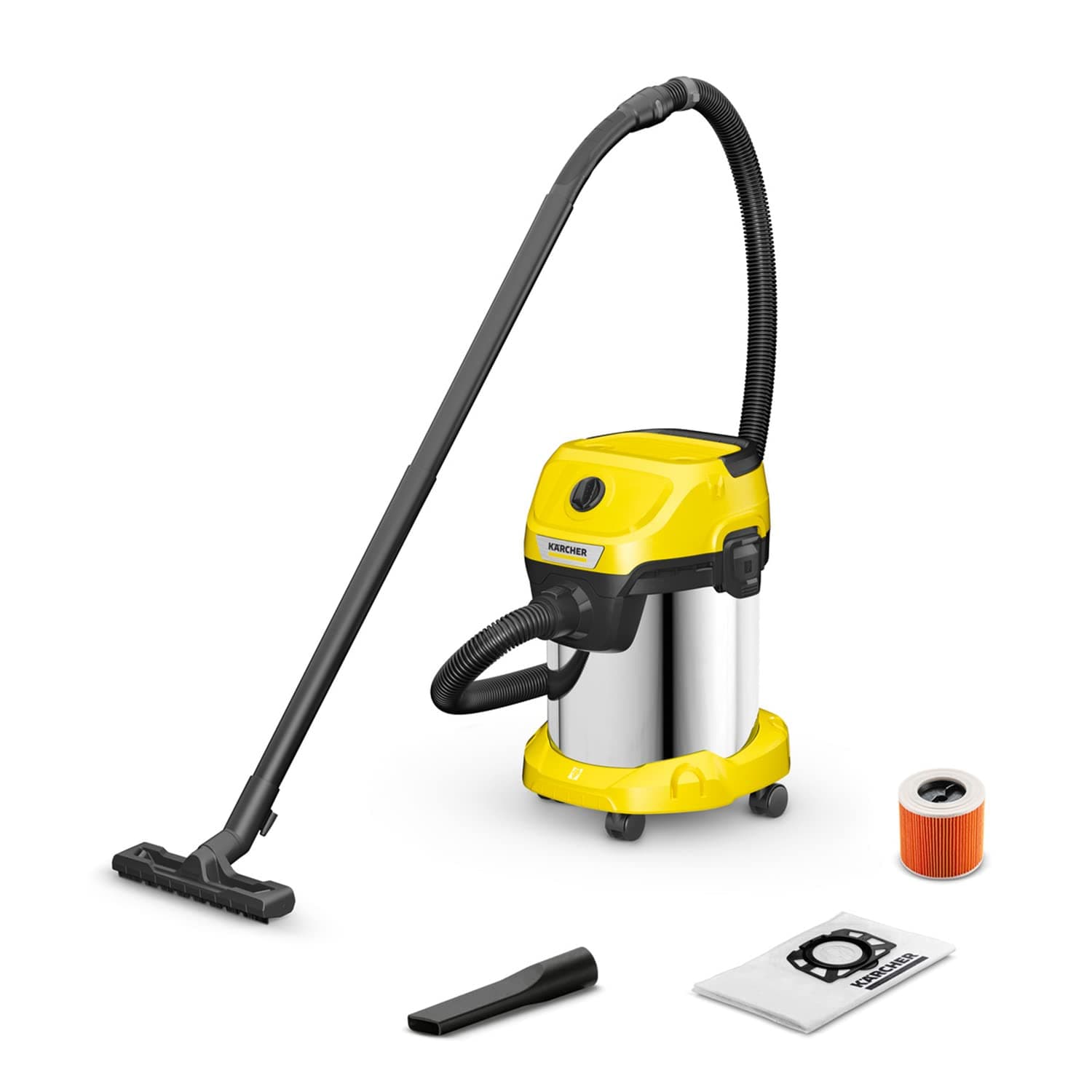 KÄRCHER aspiratore solidi liquidi WD 3 S V-17/4/20, funzione soffiante, 1000W, contenitore in acciaio inox 17 l, tubo 2m, filtro a cartuccia, filtro in vello, bocchette per pavimenti e fessure
