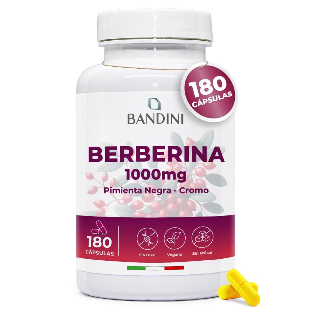 Bandini® Berberina 1000 mg - 180 cápsulas veganas - Con Cromo y Pimienta Negra para una mejor absorción - El mejor extracto concentrado de Berberis Vulgaris - Control de la glucosa y triglicéridos