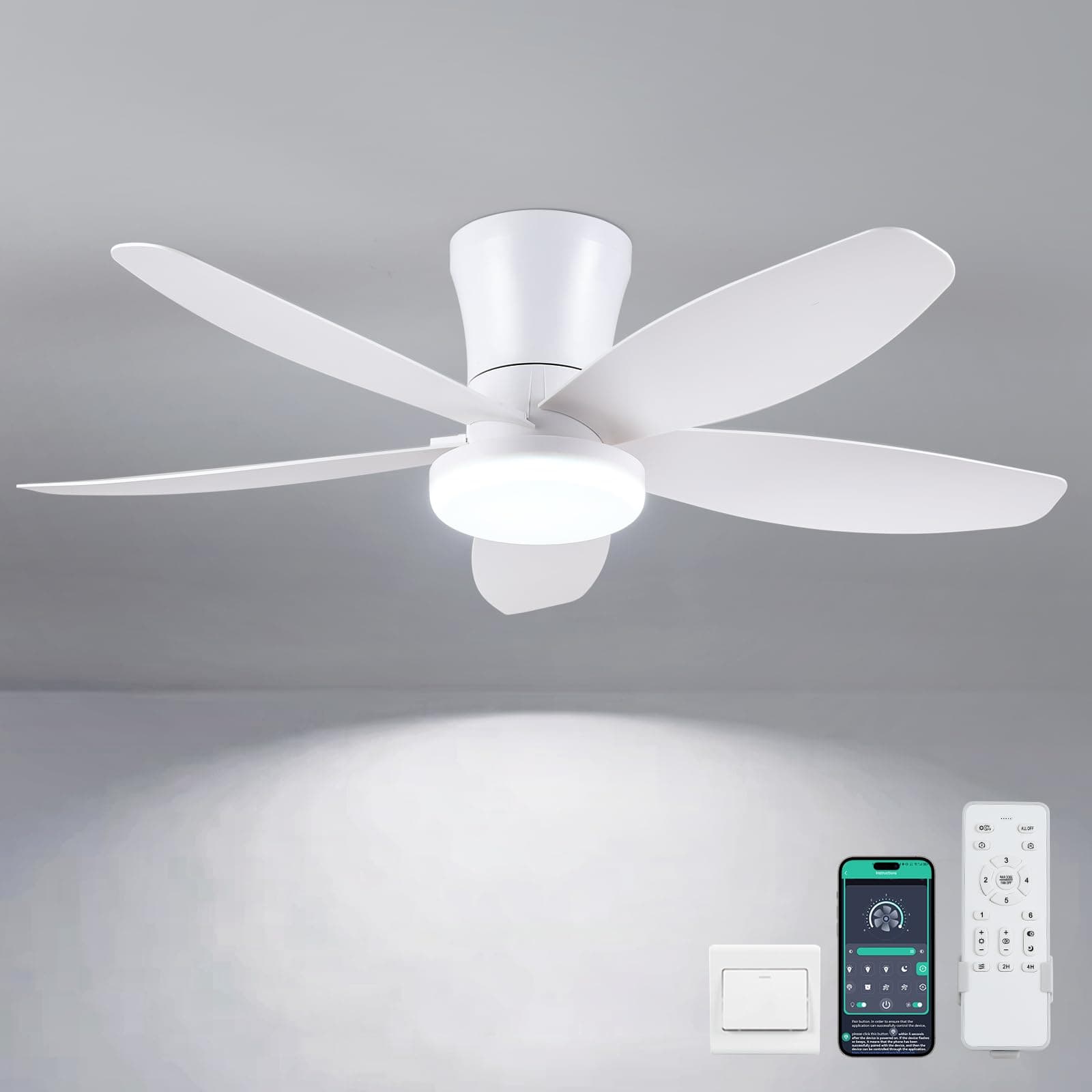 Ventilatori a soffitto con luci-92CM Ventilatore a soffitto a basso profilo con luce e controllo remoto/APP,DC reversibile, LED dimmabili Ventilatori a soffitto moderni per camera da letto(Bianco)