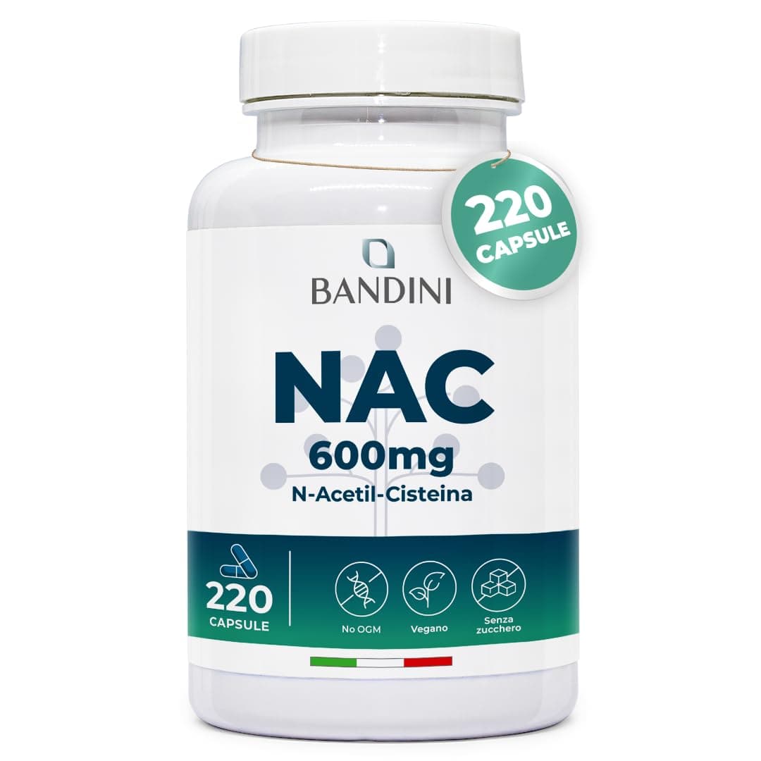 Bandini® NAC N-Acetil-Cisteina 220 Capsule 600mg (+7 Mesi),Precursore del Glutatione, Acetilcisteina 600mg, 1 Capsula al Giorno, Alto Dosaggio di N-Acetilcisteina Aumentata, Integratore 100% Vegano