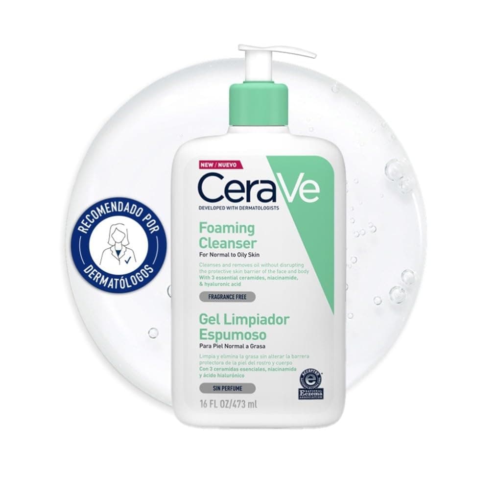 CeraVe Gel Limpiador Espumoso, Para Piel Normal a Grasa, Elimina el Exceso de Grasa y Suciedad, Enriquecido Con Ceramidas Esenciales, Niacinamida y Ácido Hialurónico, Apto para Rostro y Cuerpo, 473ml