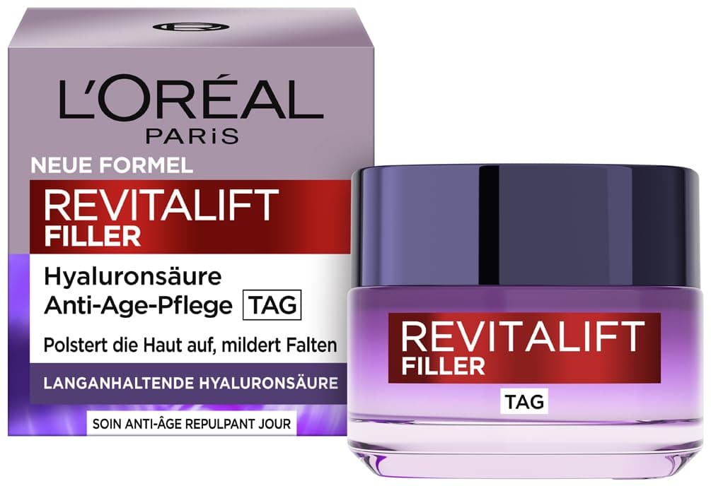 L'Oréal Paris Hyaluron Tagescreme, Anti-Aging Gesichtspflege mit Micro-Filler Hyaluronsäure für Feuchtigkeit und Anti Falten Effekt, Revitalift Filler,1 x 50 ml
