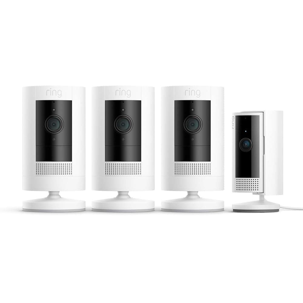 Ring Cámara exterior con batería Pack de 3 (Stick Up Cam) + Cámara interior (Indoor Camera 2.ª gen.) | Cámaras de vigilancia wifi con vídeo HD, comunicación bidireccional | 30 días gratis de Ring Home