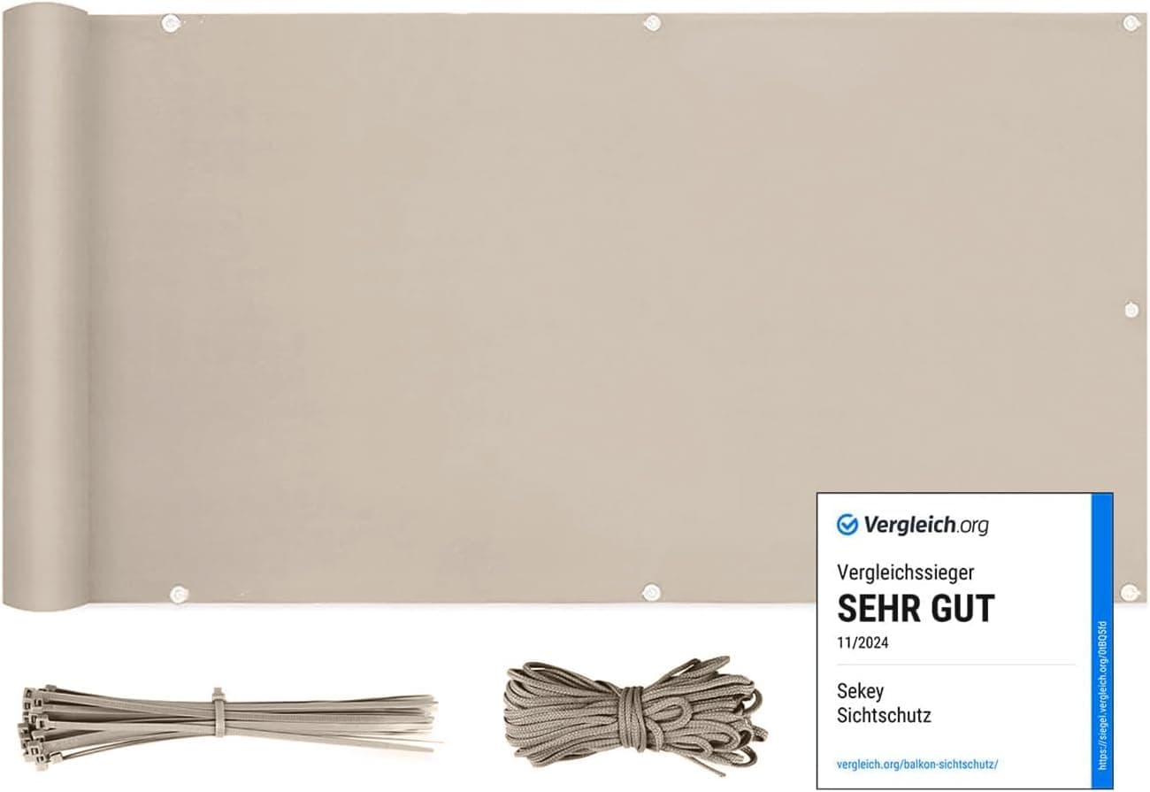 Sekey Balkon Sichtschutz Balkonabdeckung Balkonverkleidung blickdichte Wind- und UV-Schutz, 100% Privatsphäre, mit Ösen, Nylon Kabelbinder und Kordel, 90 x600cm Taupe