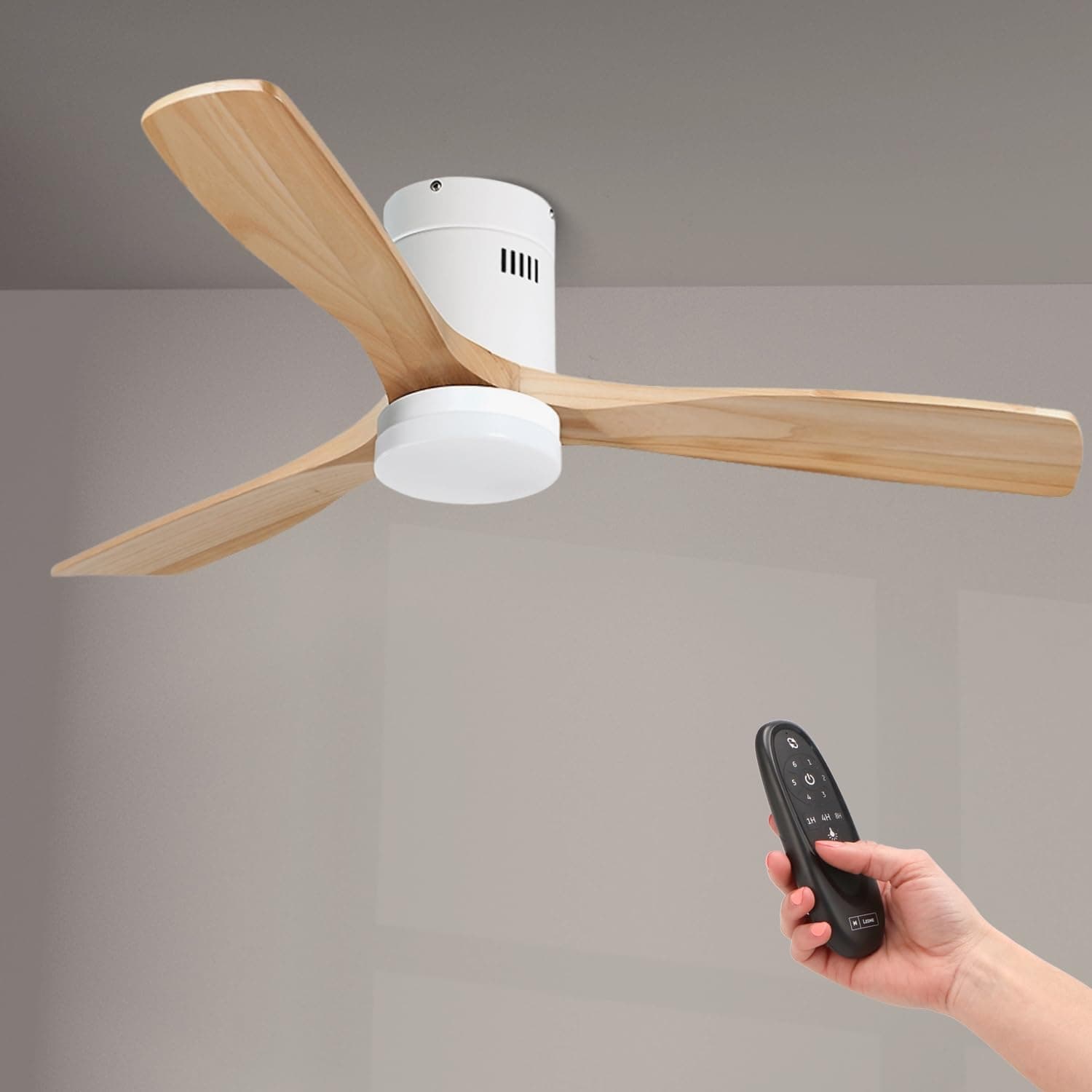 M mimotec - Ventilador de Techo LED White Energy, Motor DC 35W + LED 18W, 6 Velocidades, Silencioso, 3 Aspas de Madera Natural, Ø132 cm, Función Verano/Invierno, Temporizador, con Mando a Distancia.