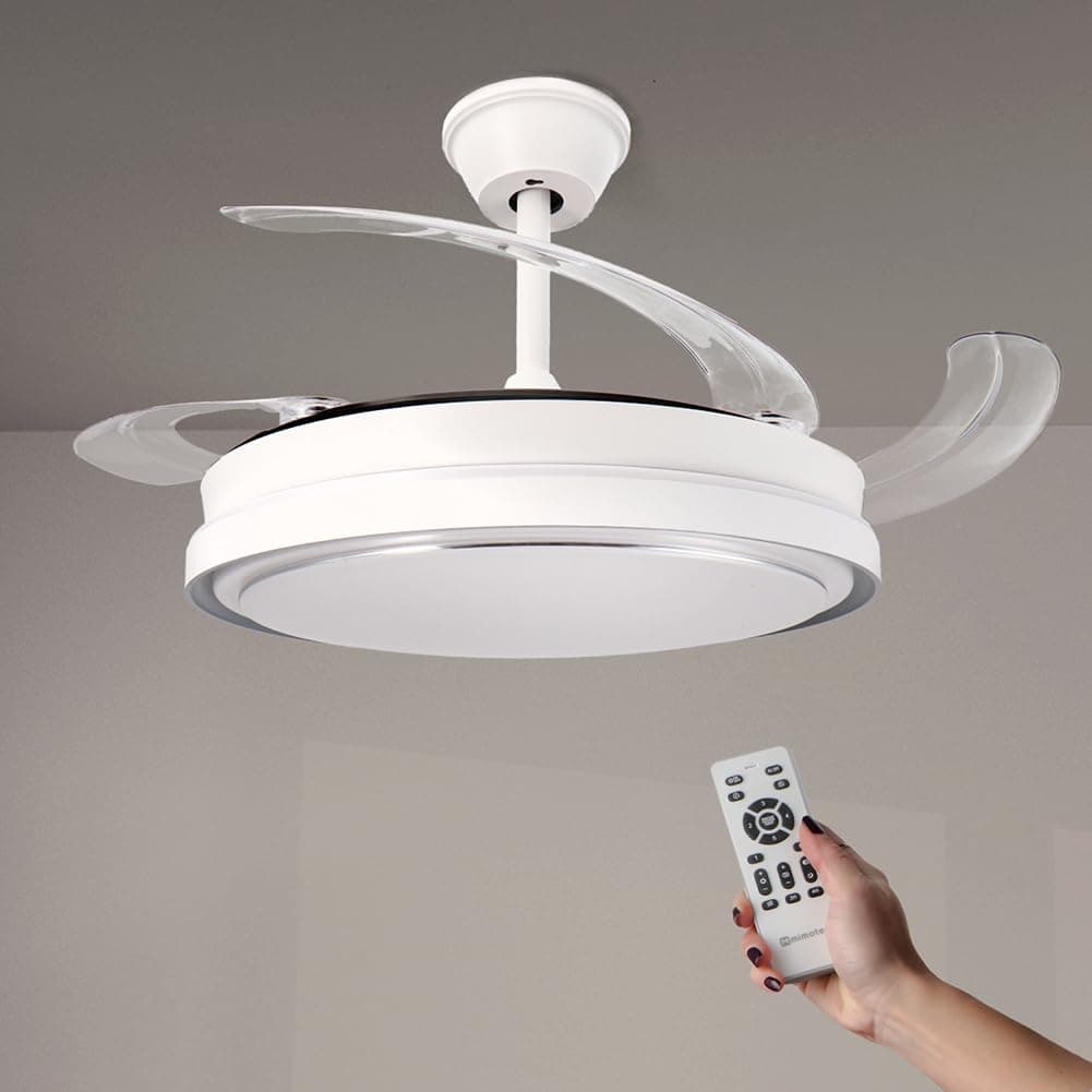 M mimotec - Ventilador de Techo Led White Hood 70W con luz, mando a Distancia, Bajo consumo, motor DC 30W+Luz Led 40W, 6 velocidades, Silencioso, 4 Aspas desplegables, verano-invierno, temporizador