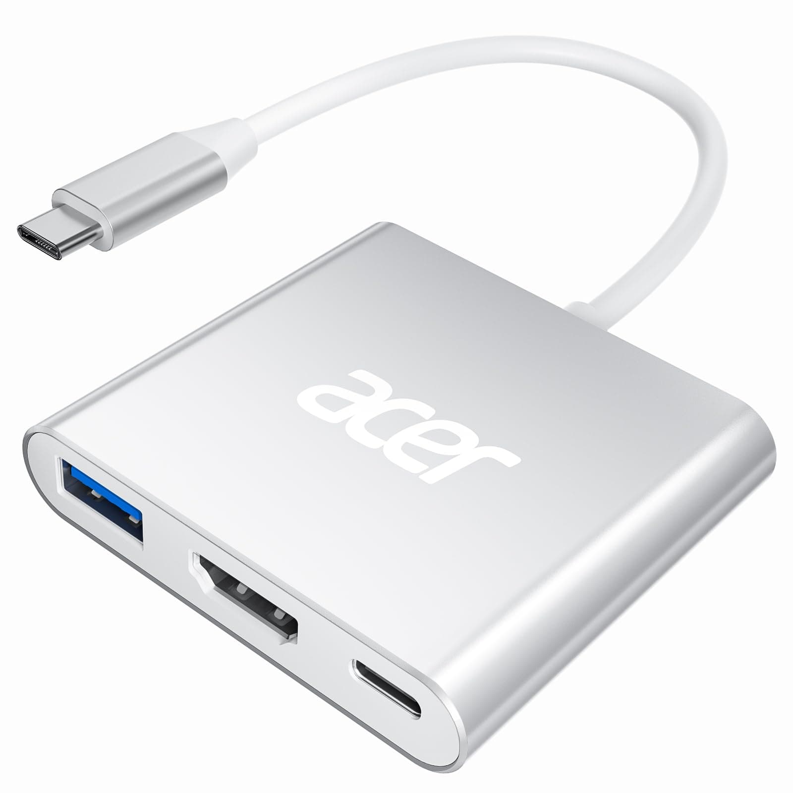 Acer USB-C HDMI Multiport Adapter - 4K, 100W PD, USB 3.0 5Gbps Datenport - Kompatibel Mit MacBook Pro/Air, Dell XPS, Surface Pro, Galaxy S24 Ultra - Silber