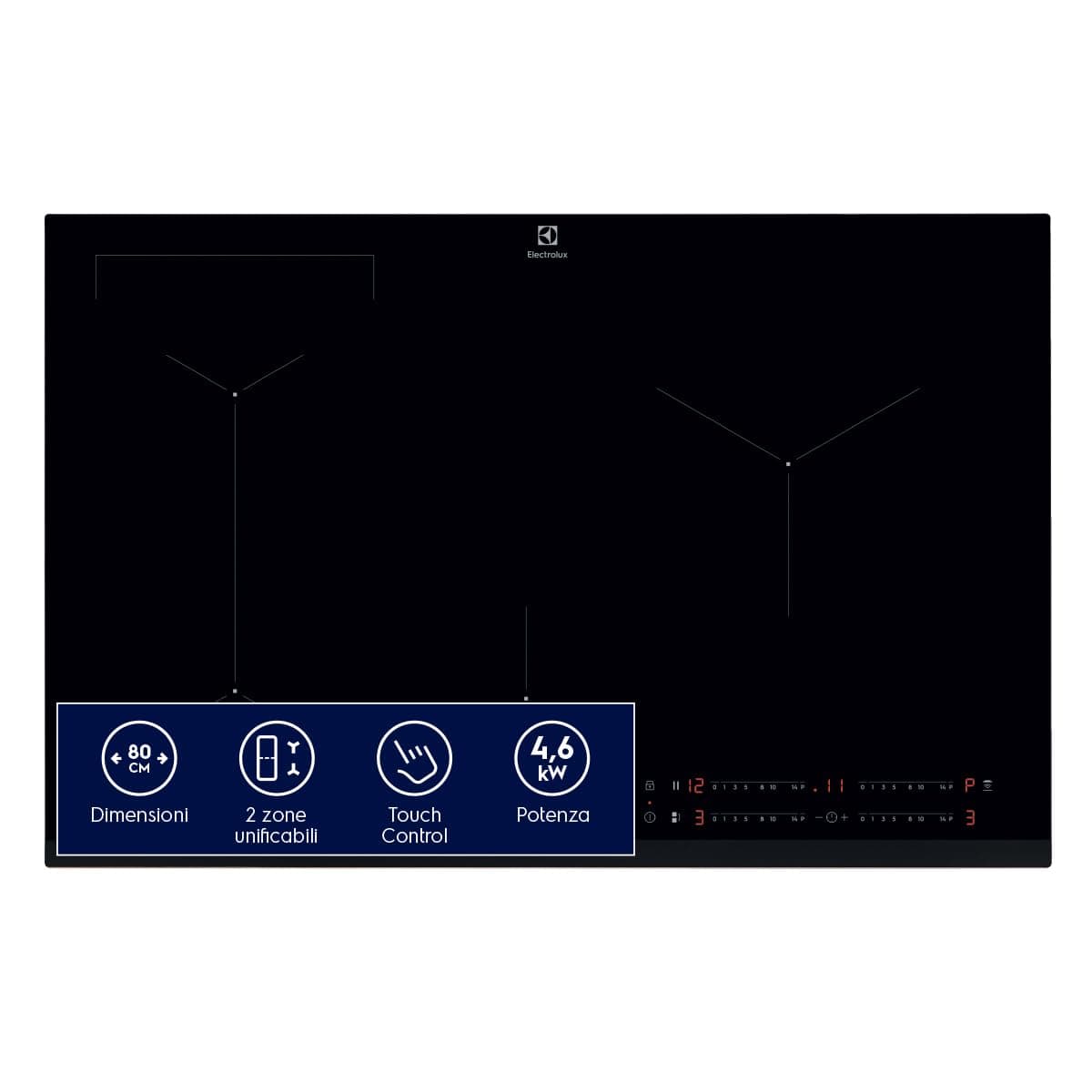 Electrolux Serie 600 Piano Cottura a Induzione 4 Fuochi da Incasso, LIL83443 Bridge 80 cm, Tecnologia Hob2Hood® e Zone Cottura Flessibili, 780x520 mm, Nero