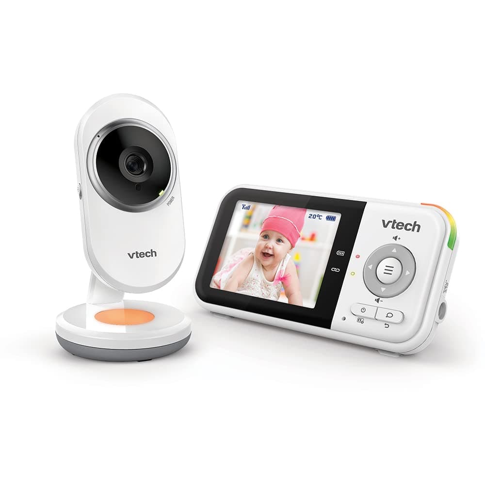 VTech Monitor para bebé BM3254 con cámara, Largo Alcance, Pantalla LCD de 2.8 Pulgadas, luz Nocturna a Color, Sonidos relajantes y Canciones de Cuna, comunicación bidireccional – Versión ES, Blanco