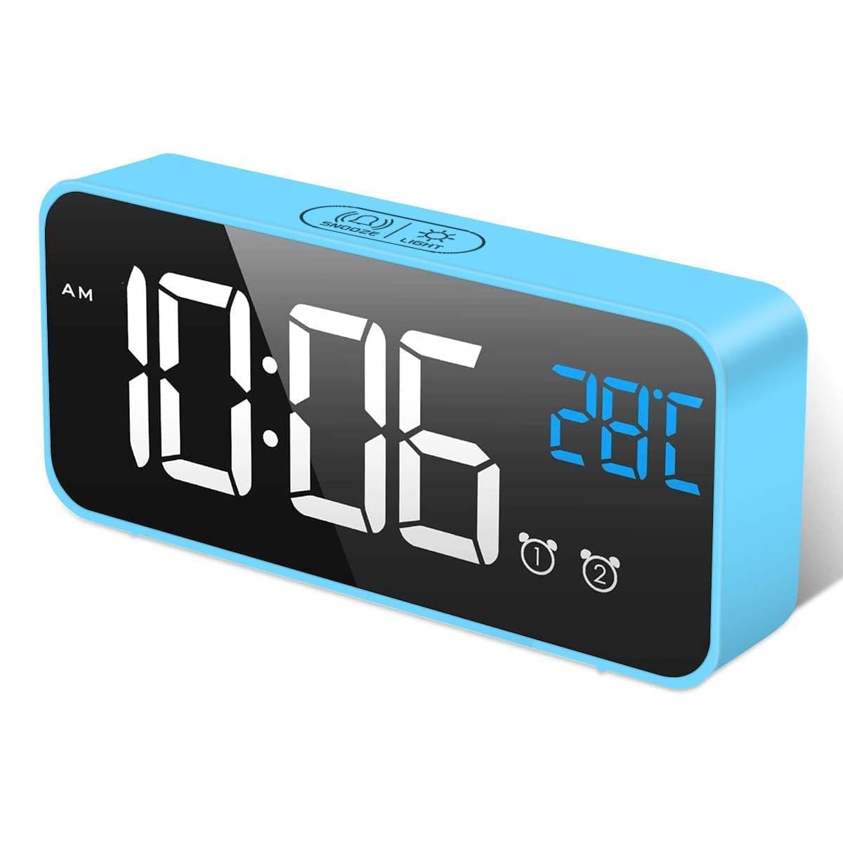 HOMVILLA Réveil Numérique avec Grand Affichage de la Température LED, Alarme de Miroir Portable avec Double Alarme Roupillon Temps Gradateur de Luminosité Réglable sur 4 Niveaux (Bleu)