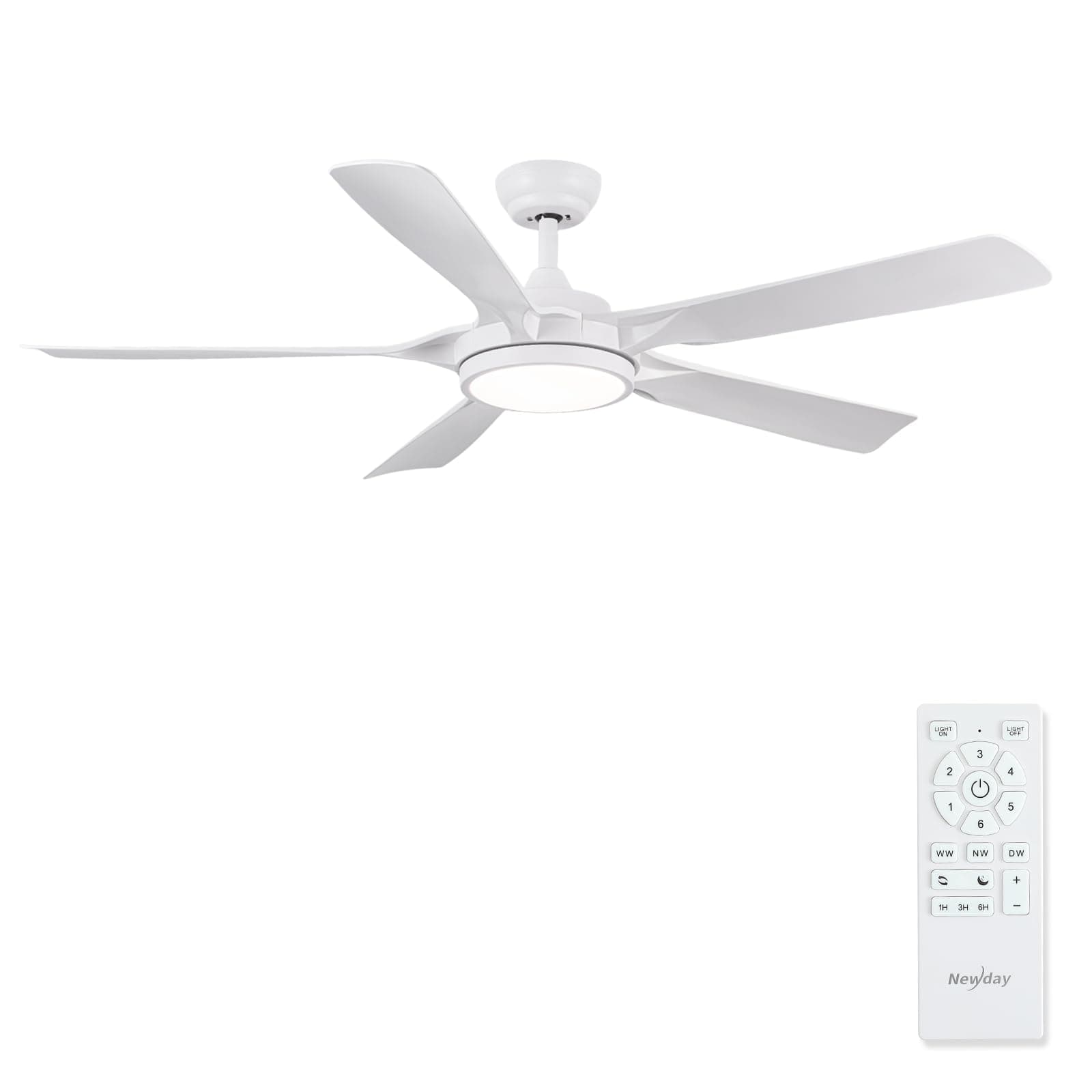 Newday 142cm Grand Ventilateur de Plafond Blanc avec Lumiere et Télécommande, Dimmable Plafonnier, Silencieux DC Moteur, 5 Pales, 6 Vitesse, 3 Minuterie pour Chambre Salon Terrasse Cuisine